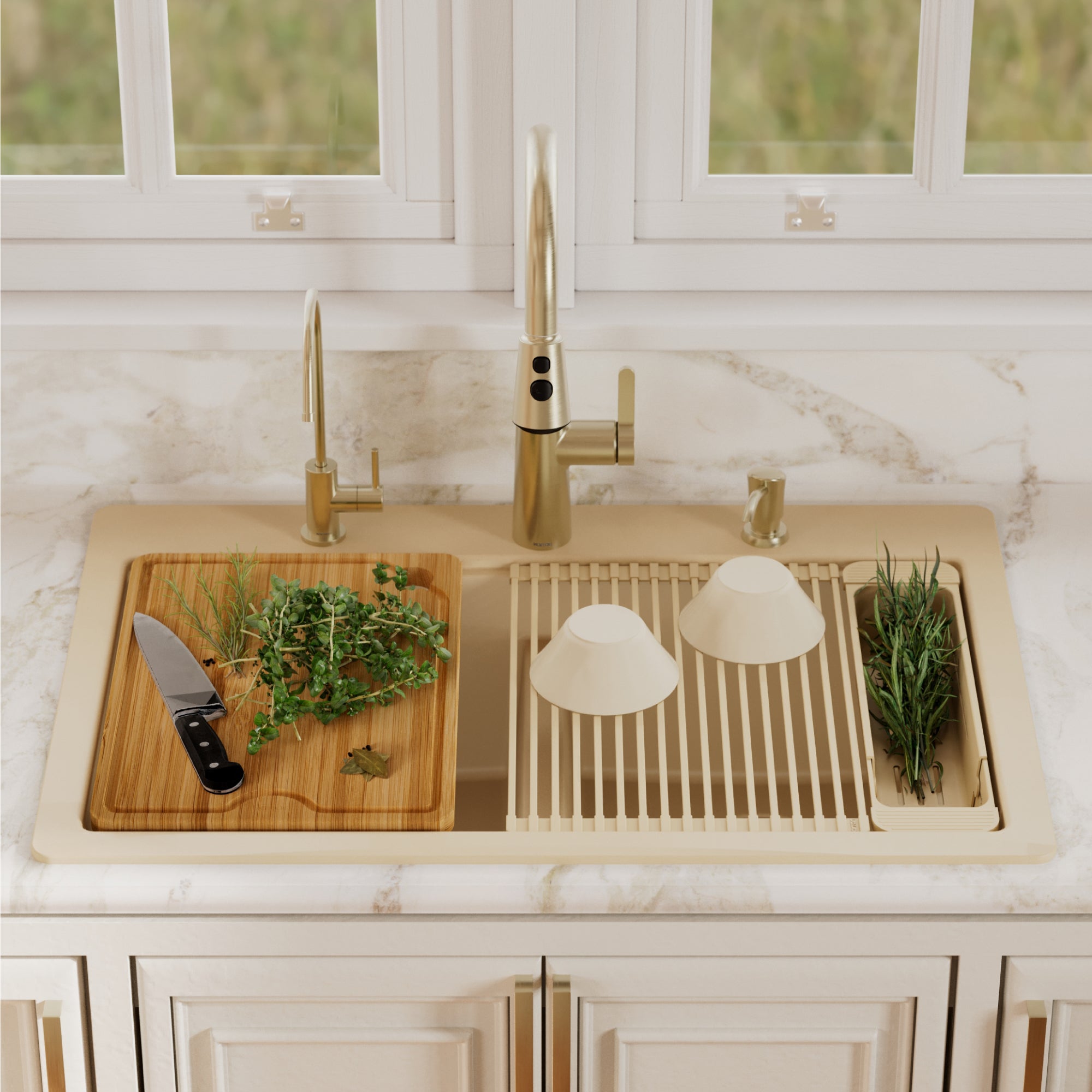 Karran 33 quartz composite workstation kitchen sink 50/50 double bowl bisque lifestyle image