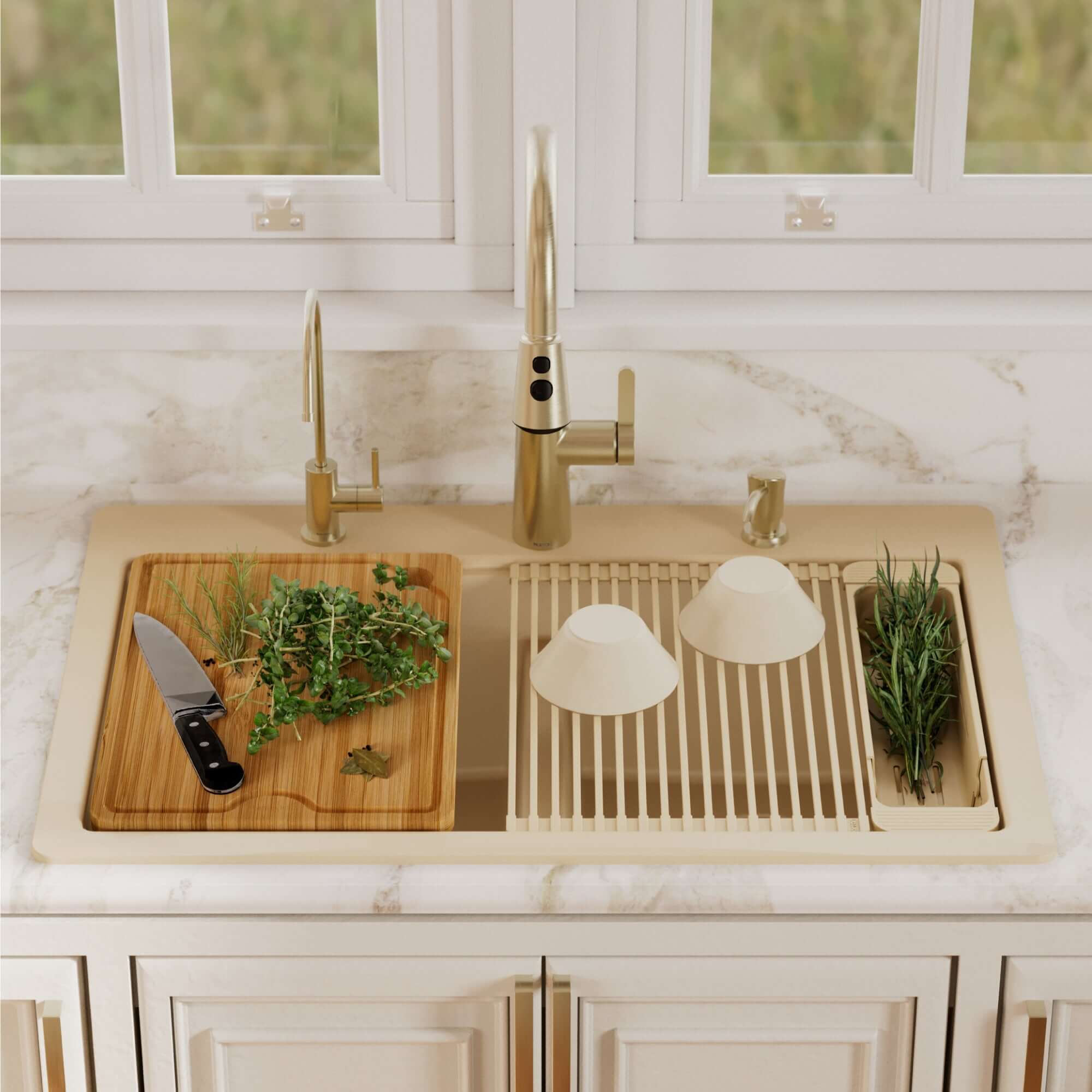 Karran 33 quartz composite workstation kitchen sink 50/50 double bowl bisque lifestyle image