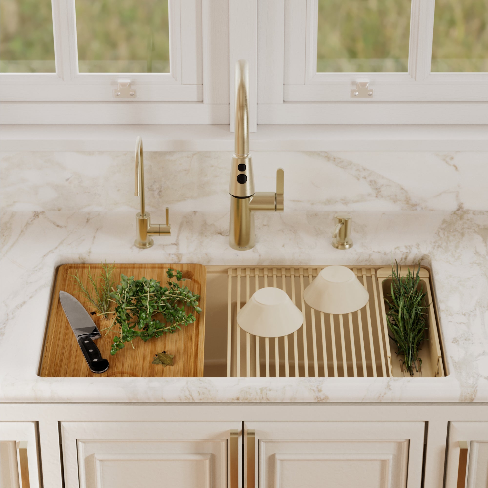 Karran 32 quartz composite workstation kitchen sink 50/50 double bowl bisque lifestyle image