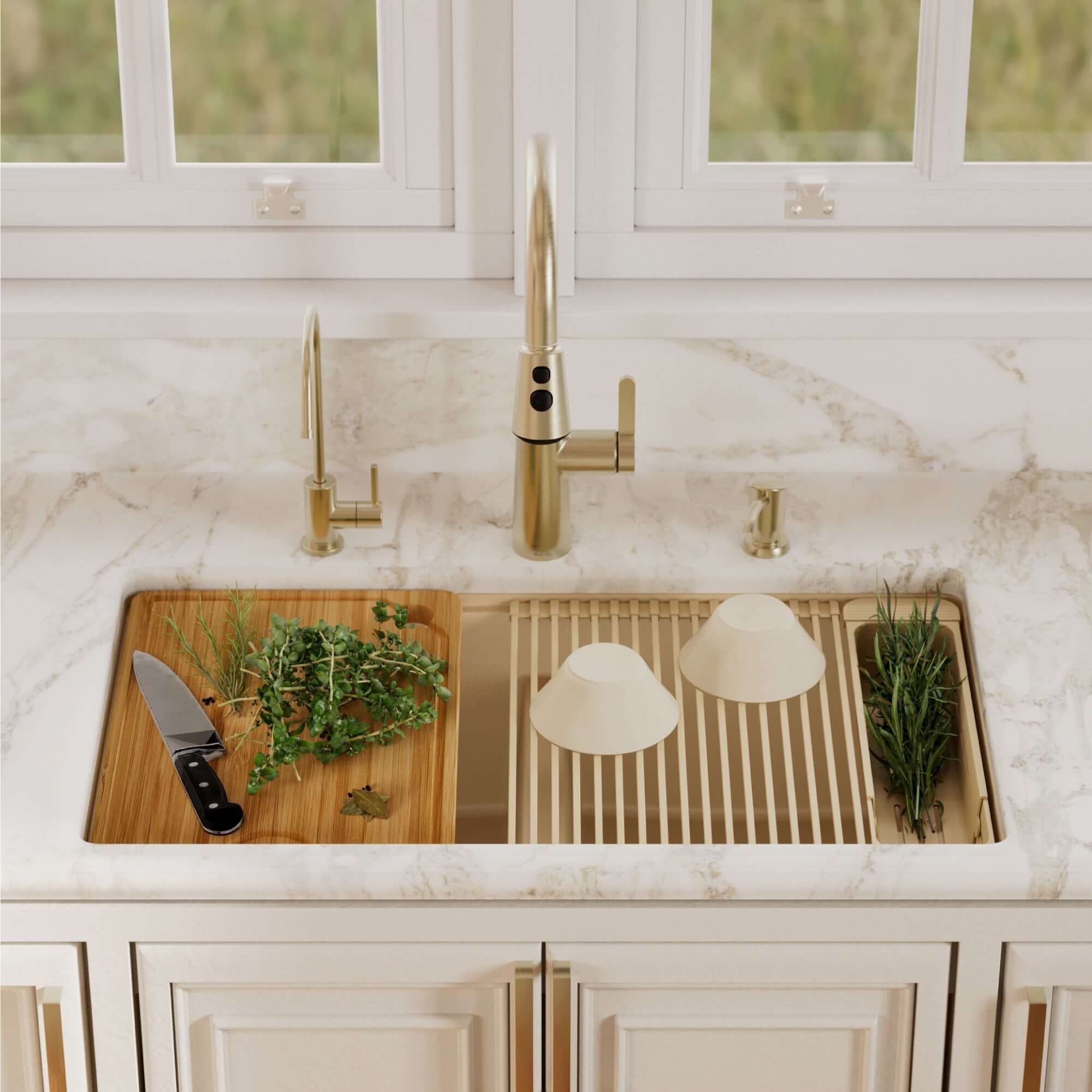 Karran 32 quartz composite workstation kitchen sink 50/50 double bowl bisque lifestyle image