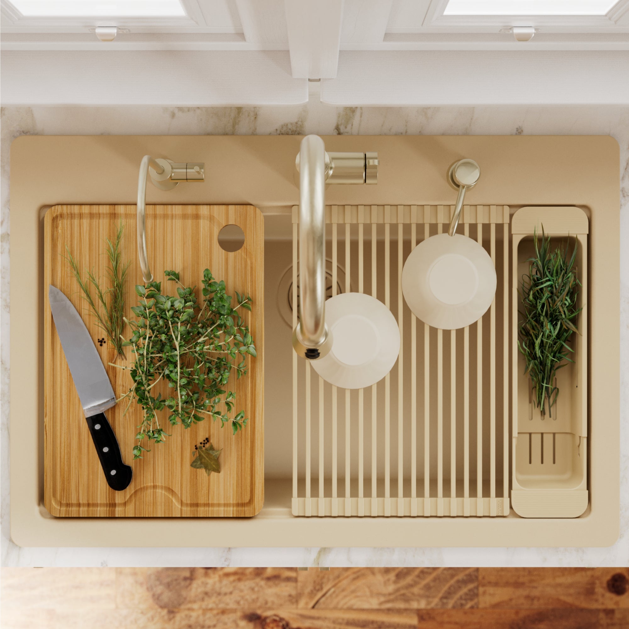 Karran 33 quartz composite workstation kitchen sink bisque lifestyle image