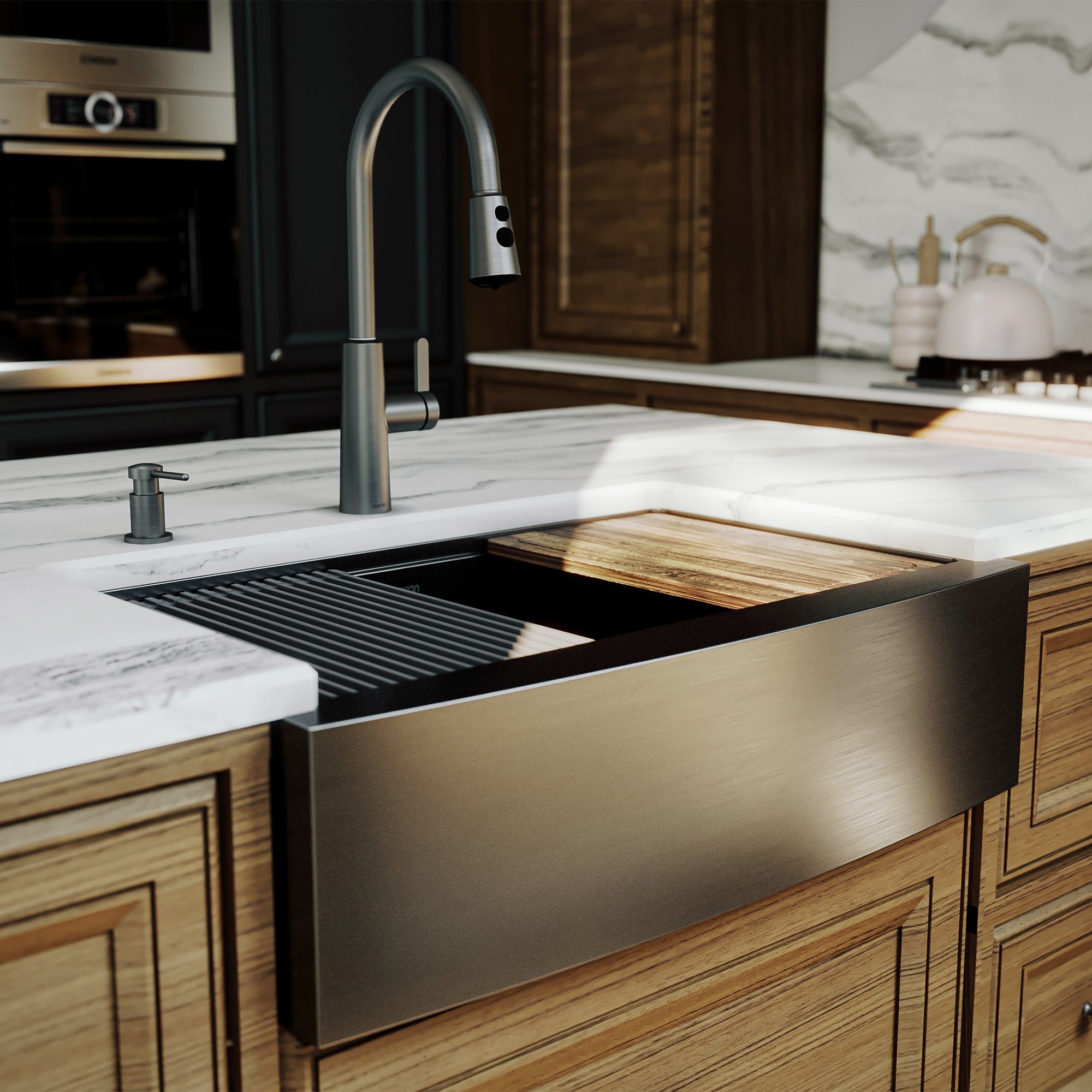 Karran elite workstation 33 stainless steel farmhouse sink gunmetal black lifestyle image