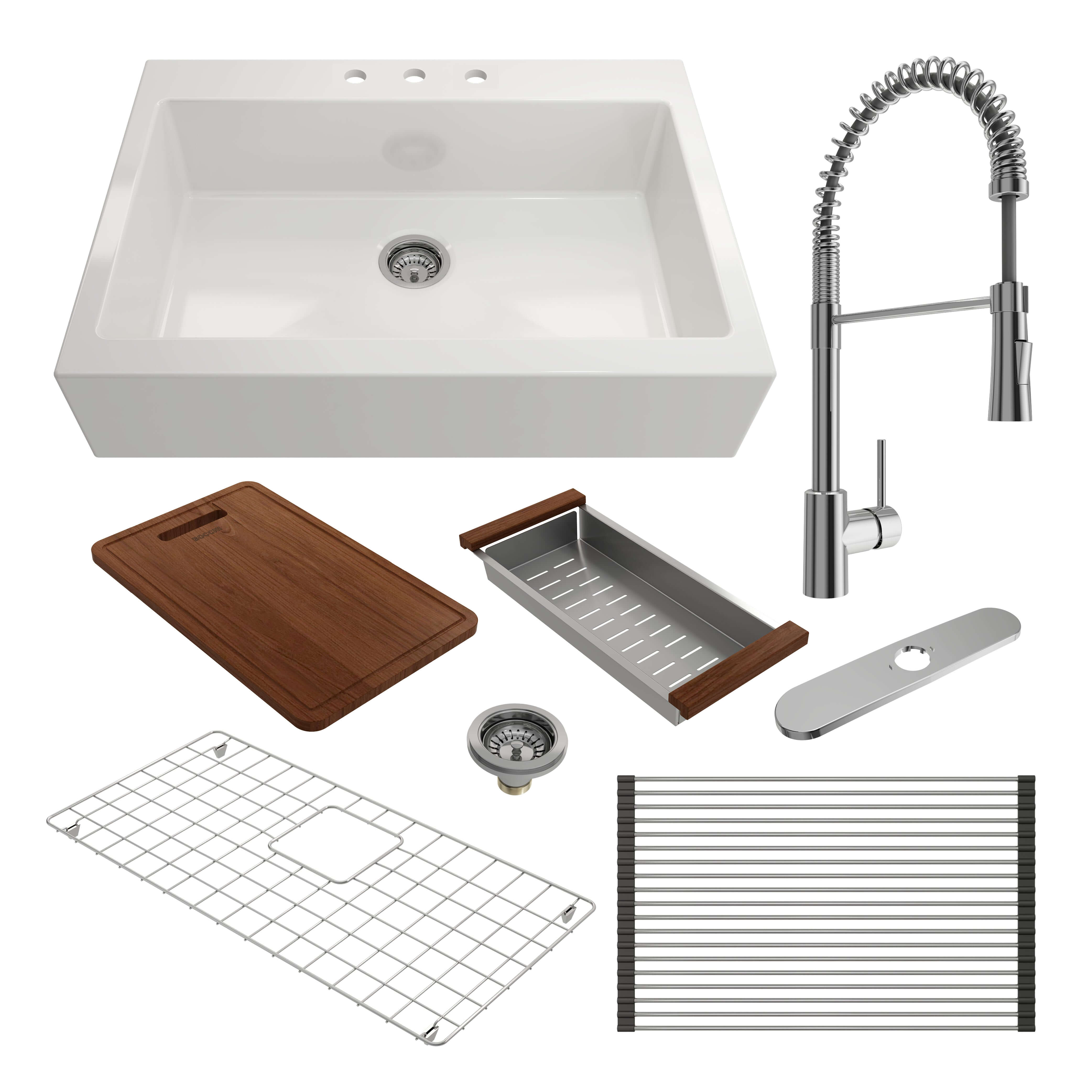BOCCHI Nuova 34" Fireclay Farmhouse Sink Kit with Faucet and Accessories, White (sink) / Chrome (faucet), 1500-001-2020CH