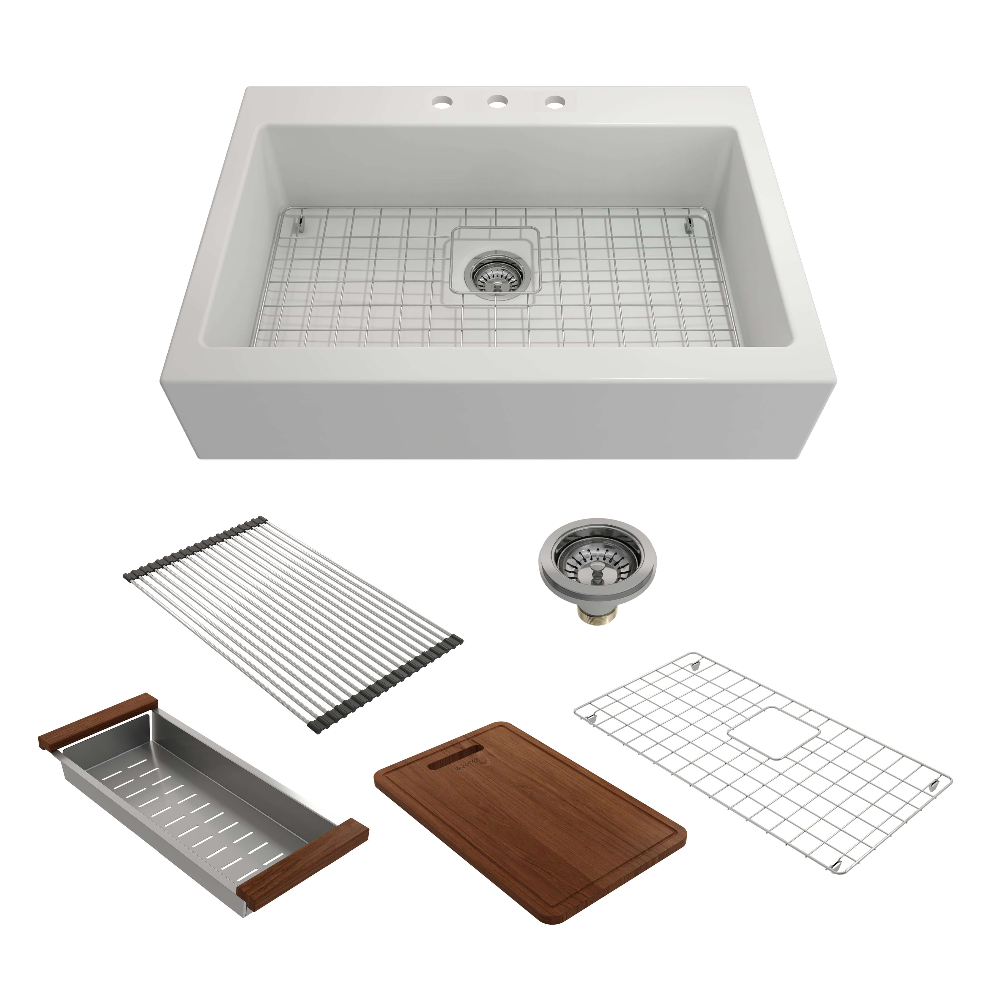 BOCCHI Nuova 34" Fireclay Farmhouse Sink Kit with Accessories, White, 1500-001-KIT1