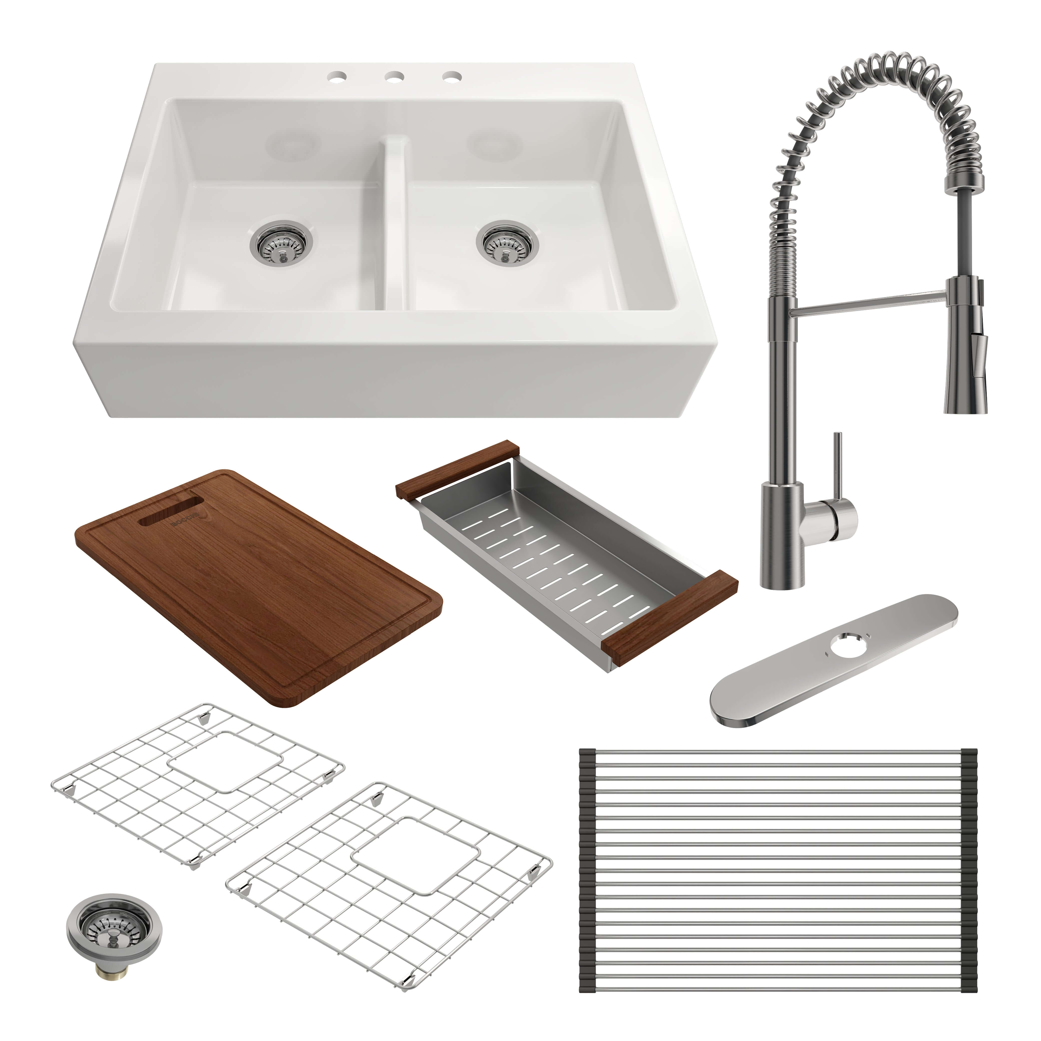 BOCCHI Nuova 34" Fireclay Farmhouse Sink Kit with Faucet and Accessories, 50/50 Double Bowl, White (sink) / Stainless Steel (faucet), 1501-001-2020SS