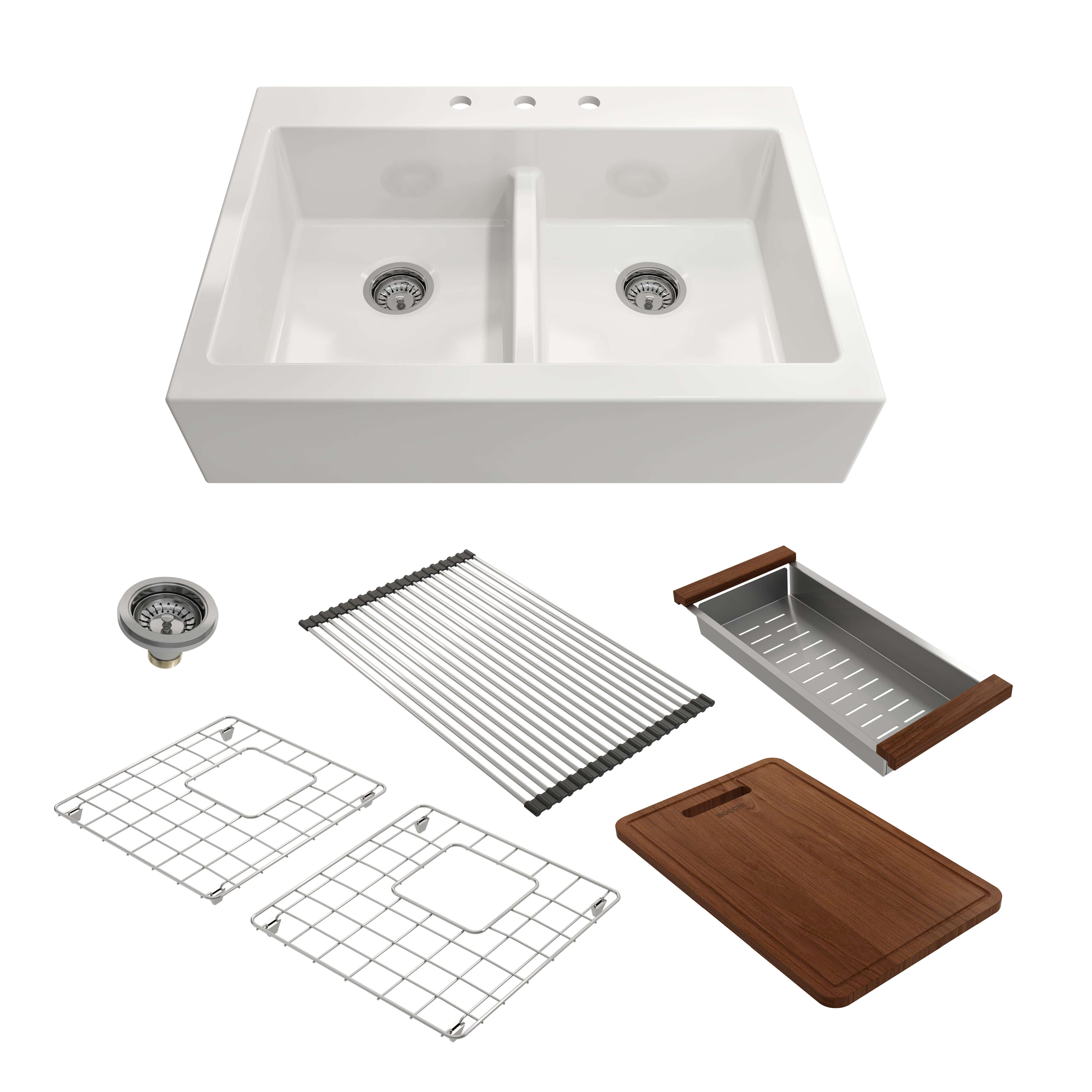 BOCCHI Nuova 34" Fireclay Farmhouse Sink Kit with Accessories, 50/50 Double Bowl, White, 1501-001-KIT1
