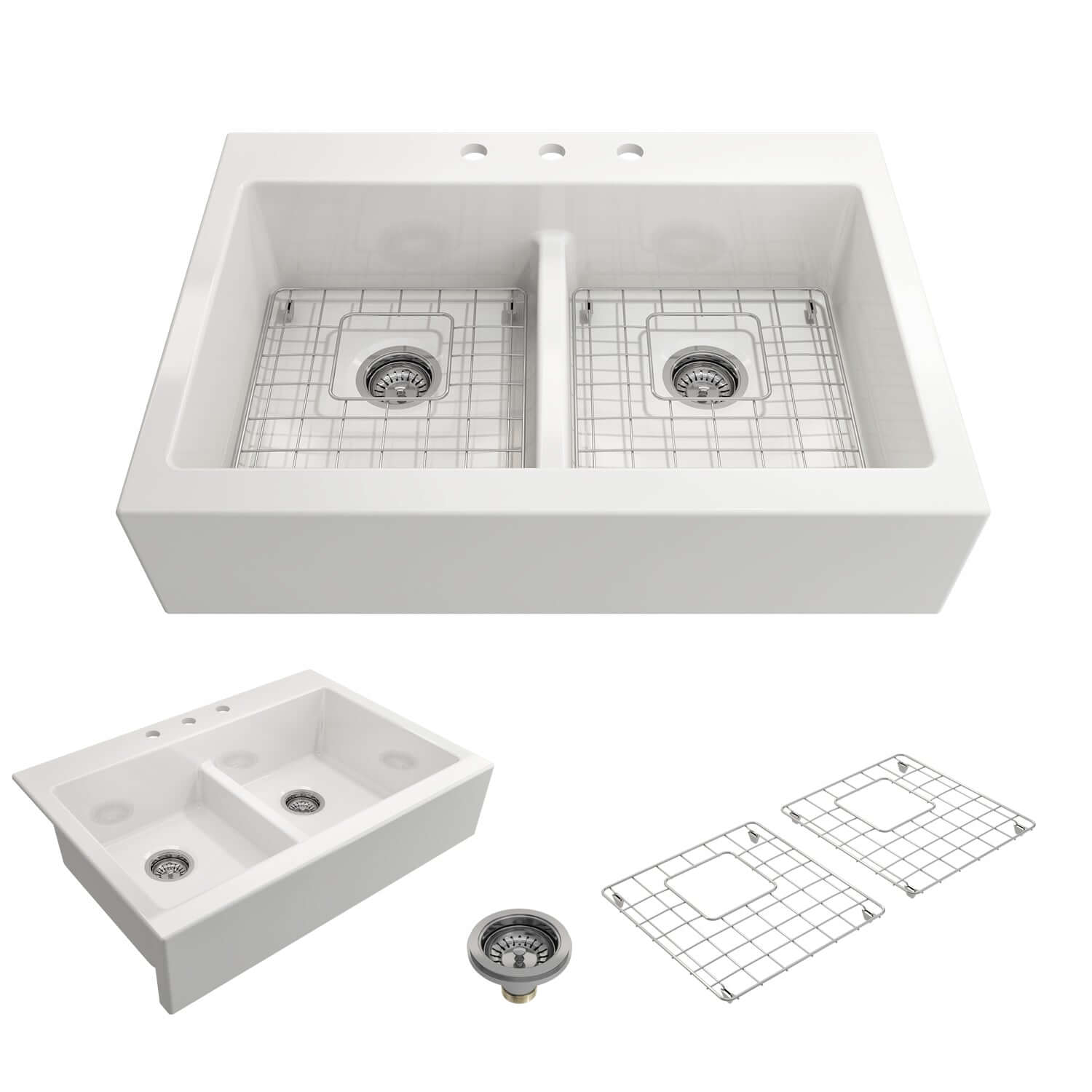 Alternate Image for BOCCHI Nuova 34" Fireclay Farmhouse Sink Kit with Faucet and Accessories, 50/50 Double Bowl, White (sink) / Chrome (faucet), 1501-001-2020CH