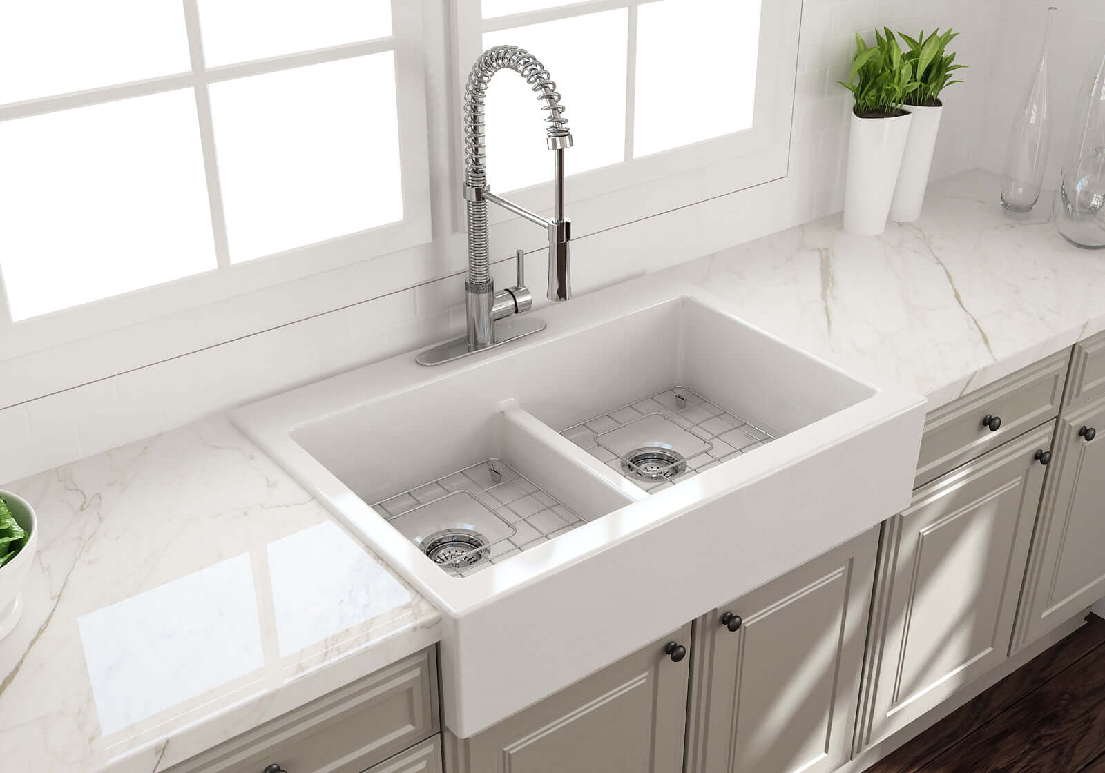 Alternate Image for BOCCHI Nuova 34" Fireclay Farmhouse Sink Kit with Faucet and Accessories, 50/50 Double Bowl, White (sink) / Chrome (faucet), 1501-001-2020CH