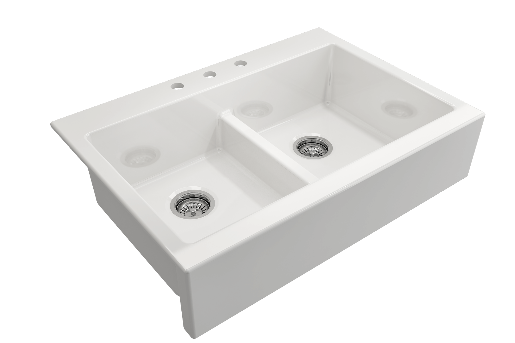 Alternate Image for BOCCHI Nuova 34" Fireclay Farmhouse Sink Kit with Faucet and Accessories, 50/50 Double Bowl, White (sink) / Stainless Steel (faucet), 1501-001-2020SS