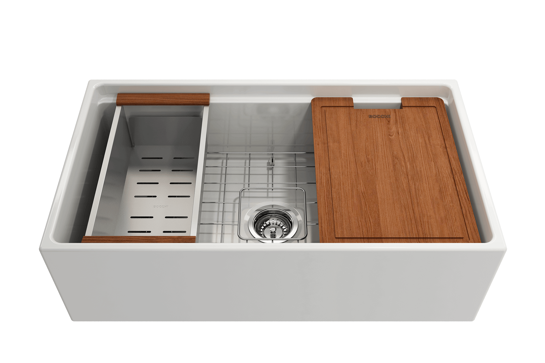 Alternate Image for BOCCHI Contempo 33" Fireclay Workstation Farmhouse Sink Kit with Faucet and Accessories, White (sink) / Stainless Steel (faucet), 1504-001-2020SS