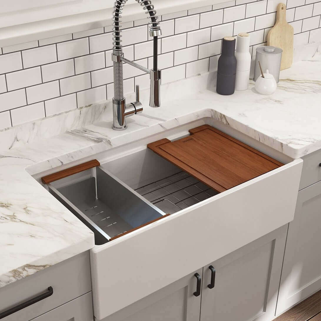 Alternate Image for BOCCHI Contempo 33" Fireclay Workstation Farmhouse Sink Kit with Faucet and Accessories, White (sink) / Stainless Steel (faucet), 1504-001-2020SS