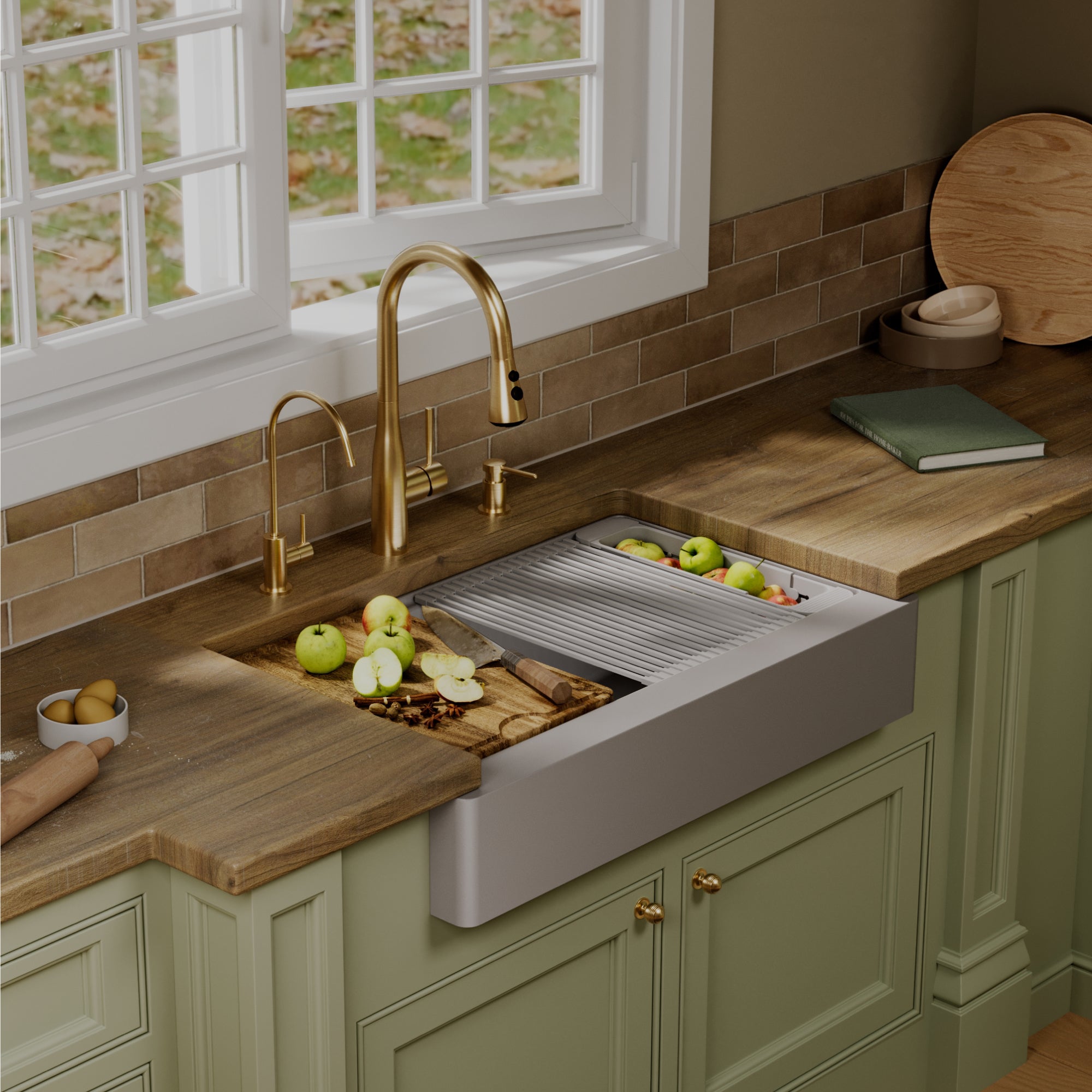 Karran 34 quartz composite retrofit workstation farmhouse sink grey lifestyle image