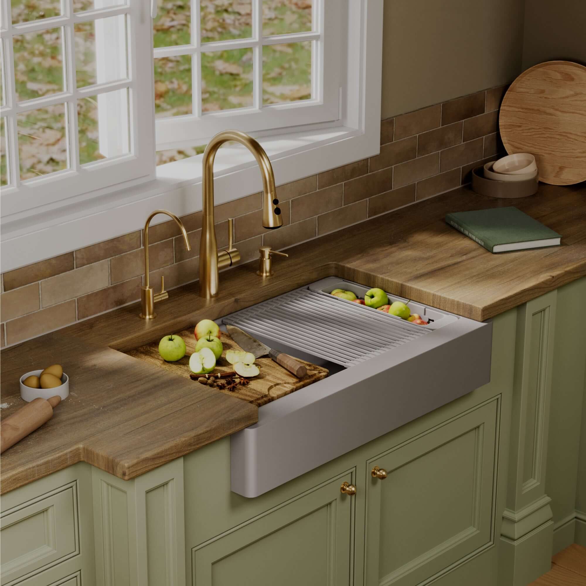 Karran 34 quartz composite retrofit workstation farmhouse sink grey lifestyle image
