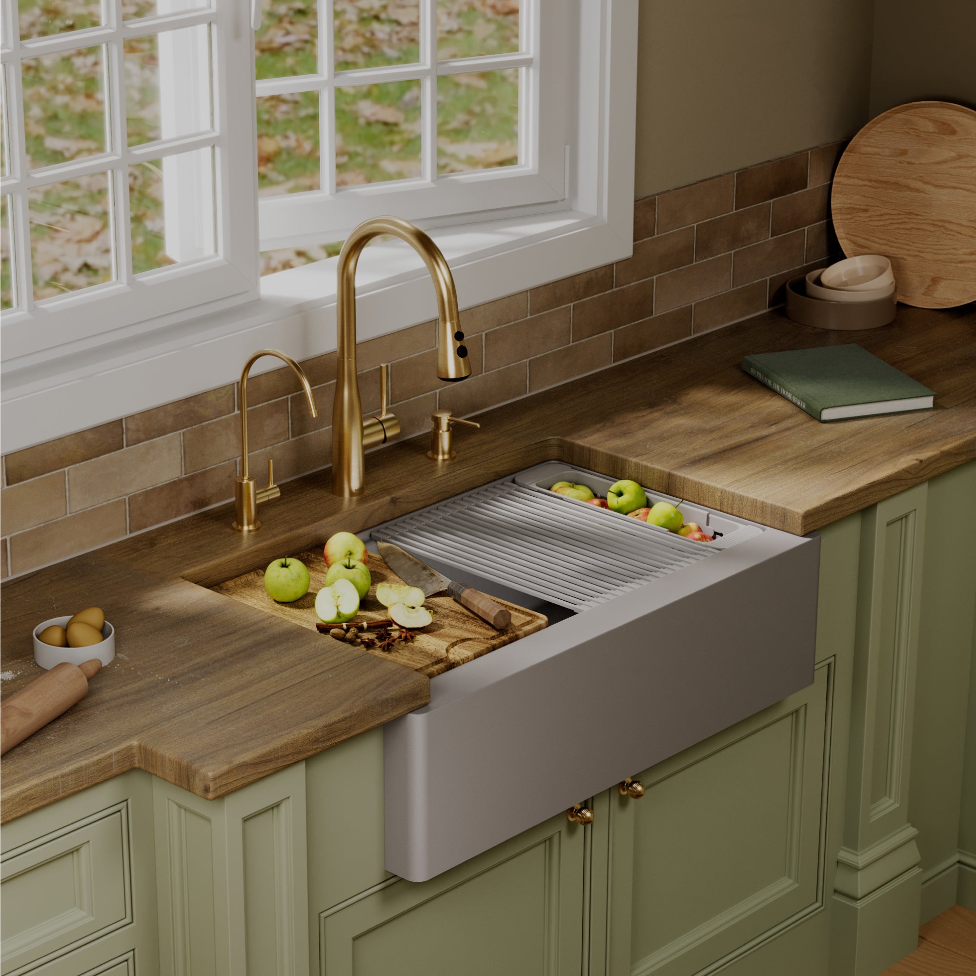 Karran 34 quartz composite workstation farmhouse sink grey lifestyle image