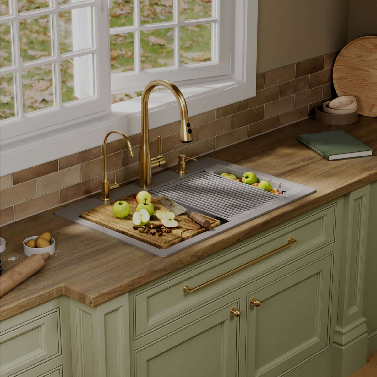 Karran 33 quartz composite workstation kitchen sink grey lifestyle image