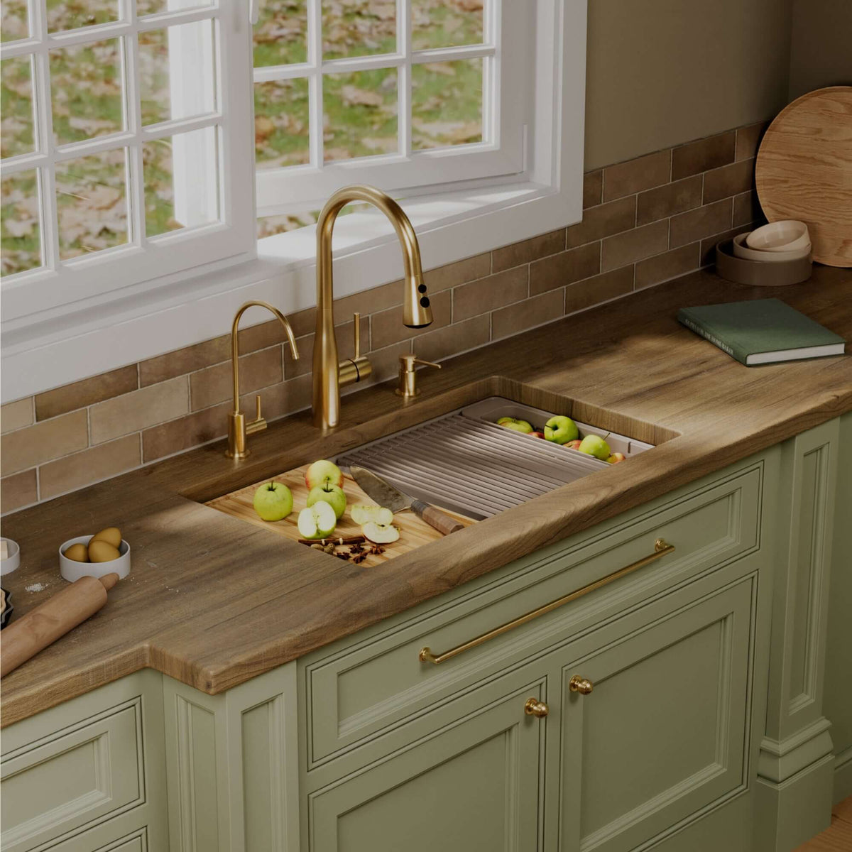 Karran 32 quartz composite workstation kitchen sink concrete lifestyle image
