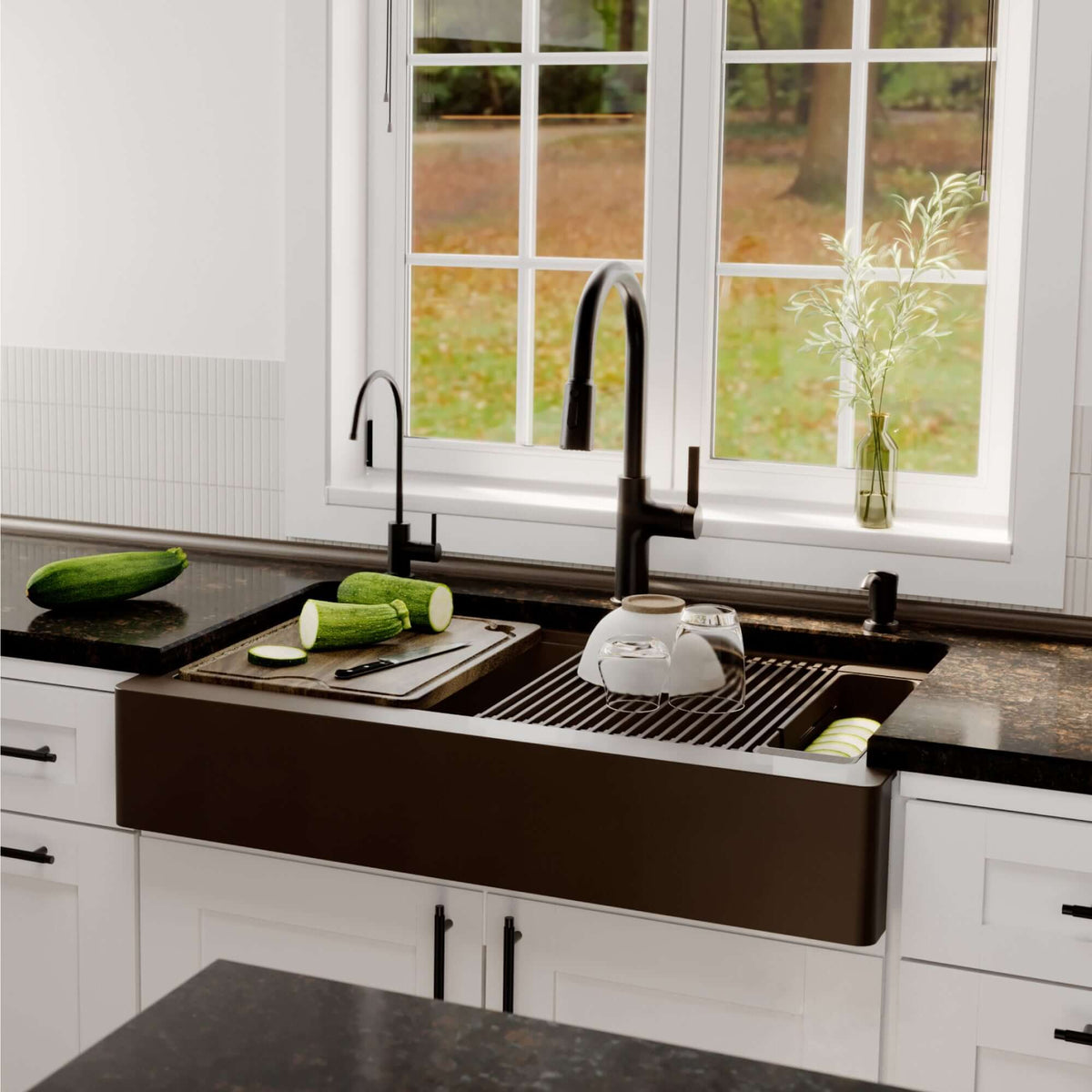 Karran 34 quartz composite retrofit workstation farmhouse sink brown lifestyle image