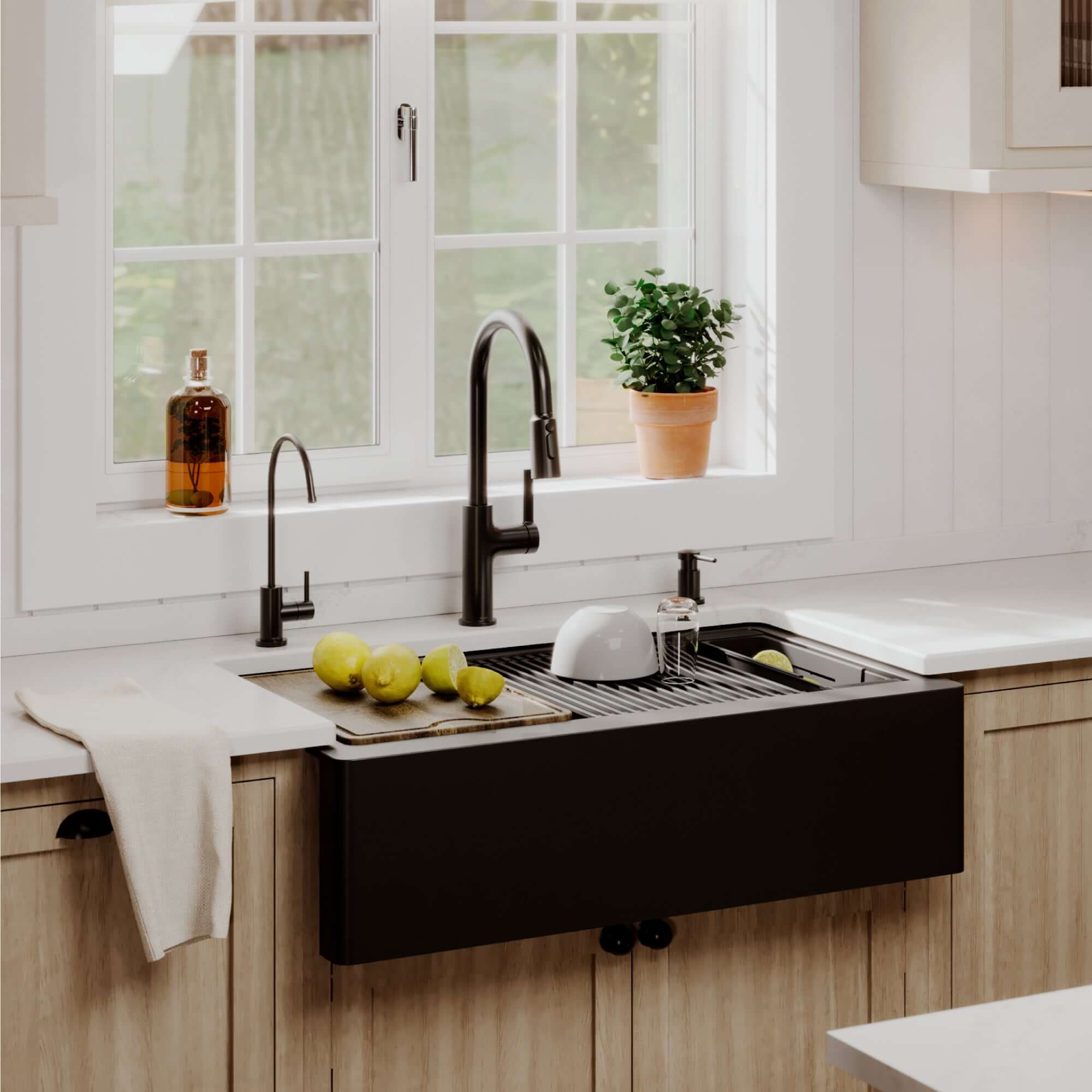 Karran 34 quartz composite workstation farmhouse sink black lifestyle image