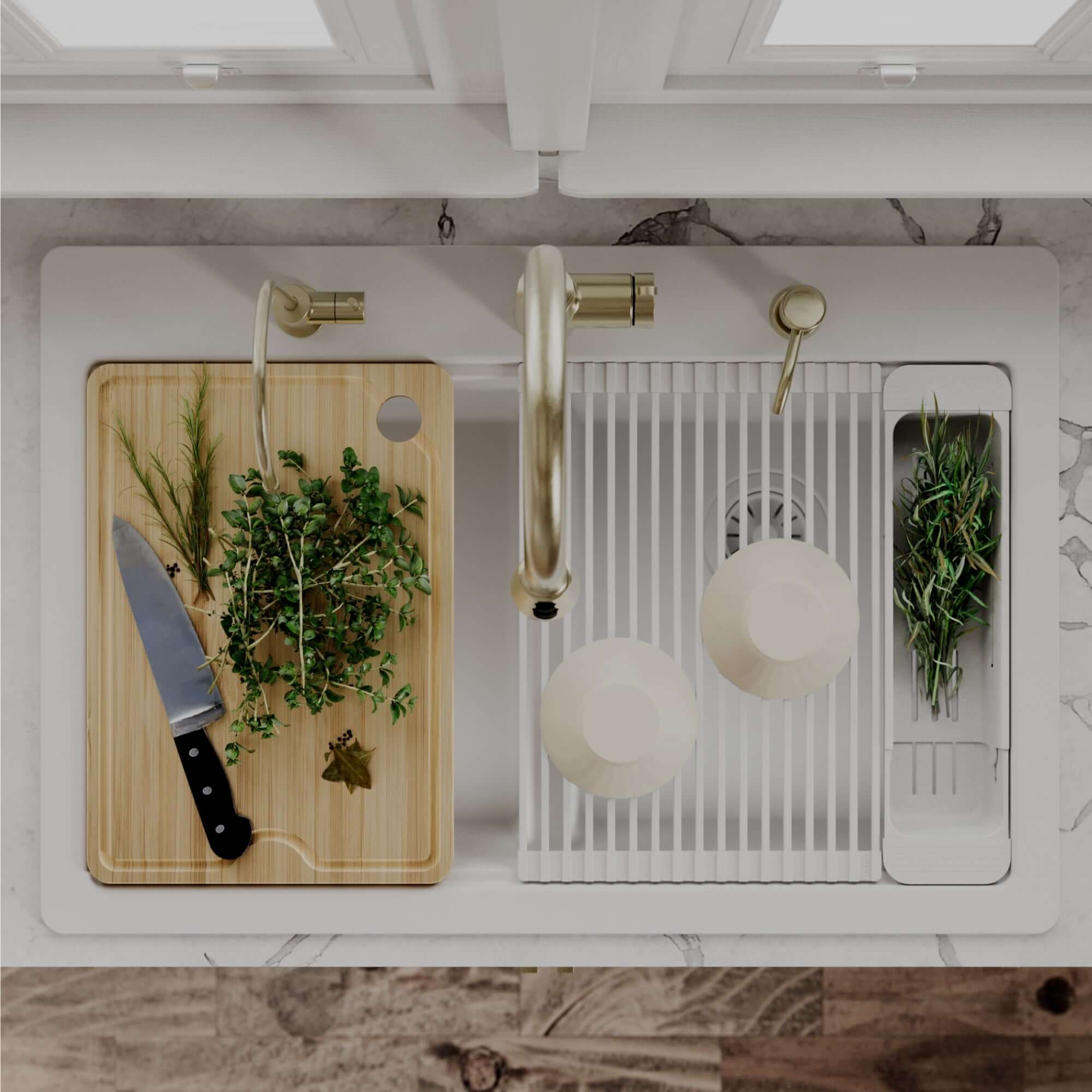 Karran 33 quartz composite workstation kitchen sink 50/50 double bowl white lifestyle image