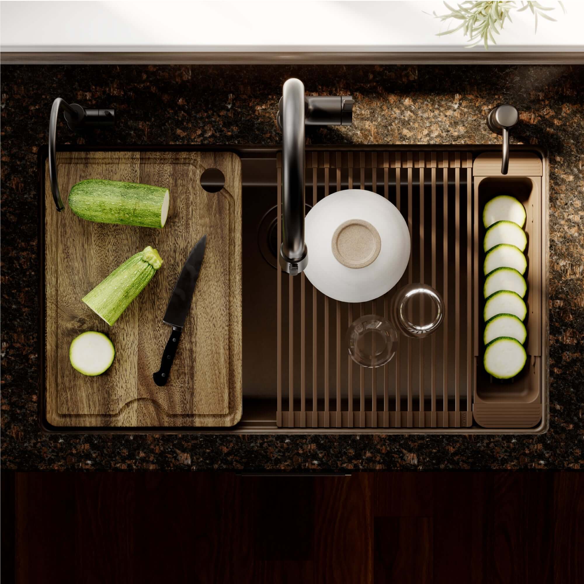 Karran 32 quartz composite workstation kitchen sink brown lifestyle image