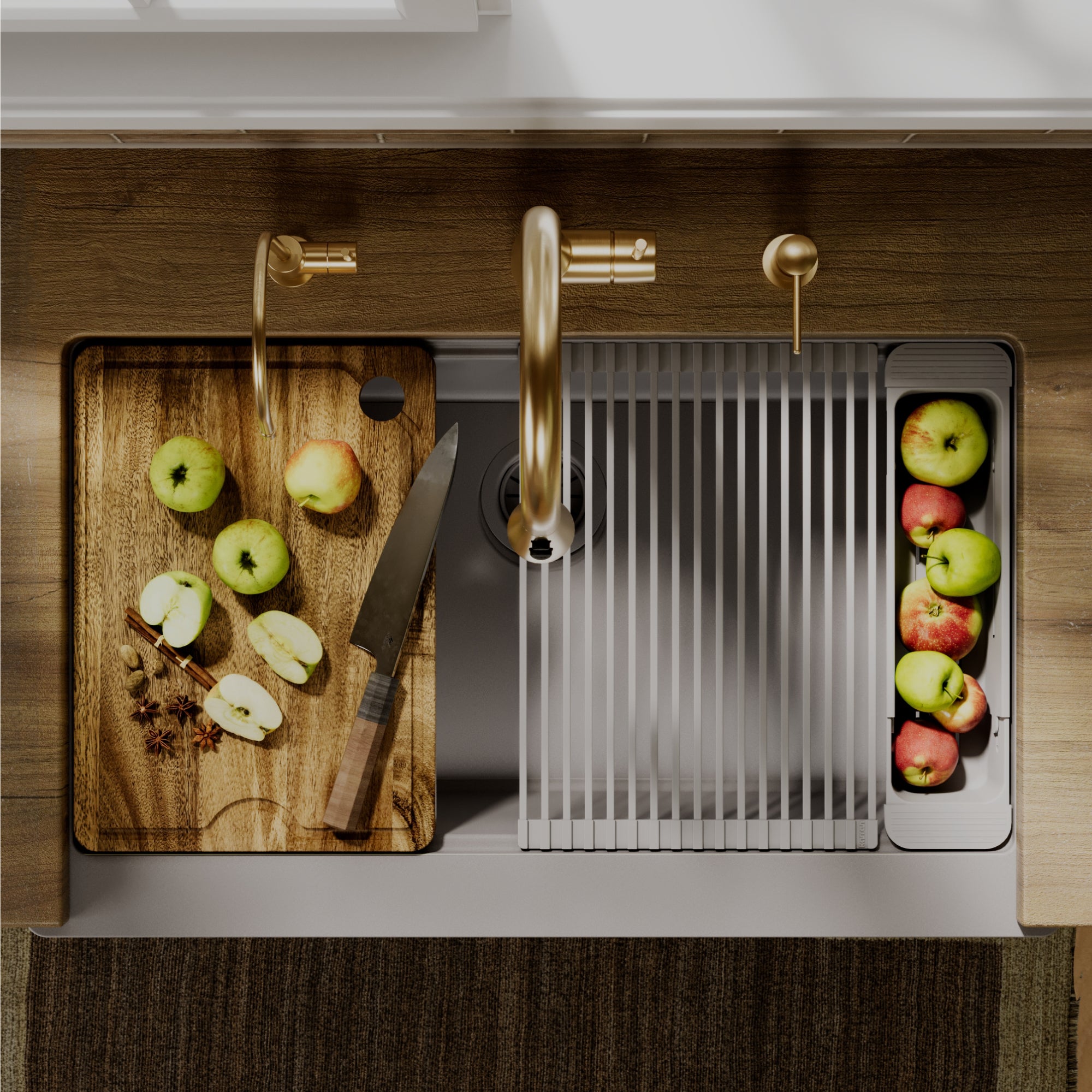 Karran 34 quartz composite retrofit workstation farmhouse sink grey lifestyle image