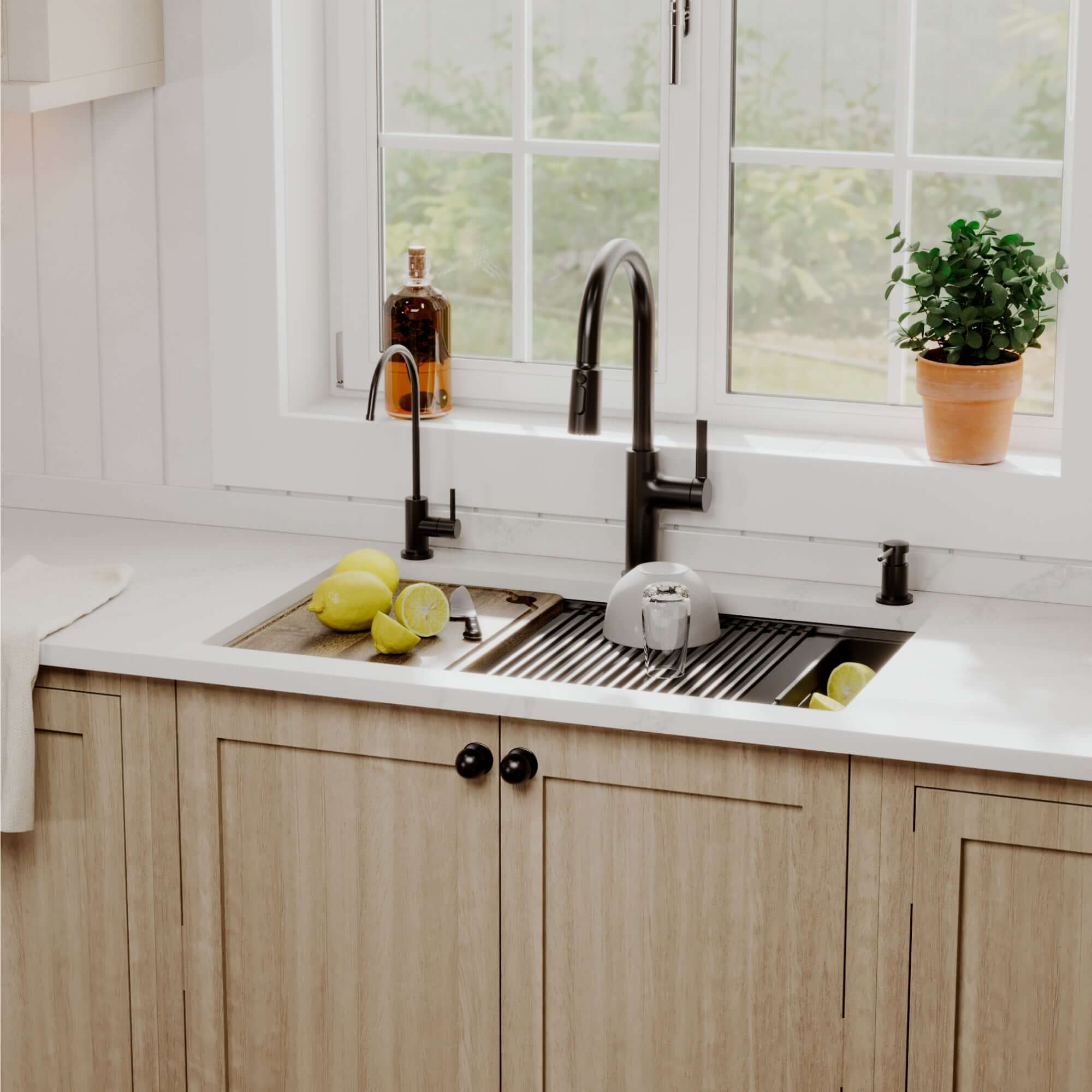 Karran 32 quartz composite workstation kitchen sink 50/50 double bowl black lifestyle image