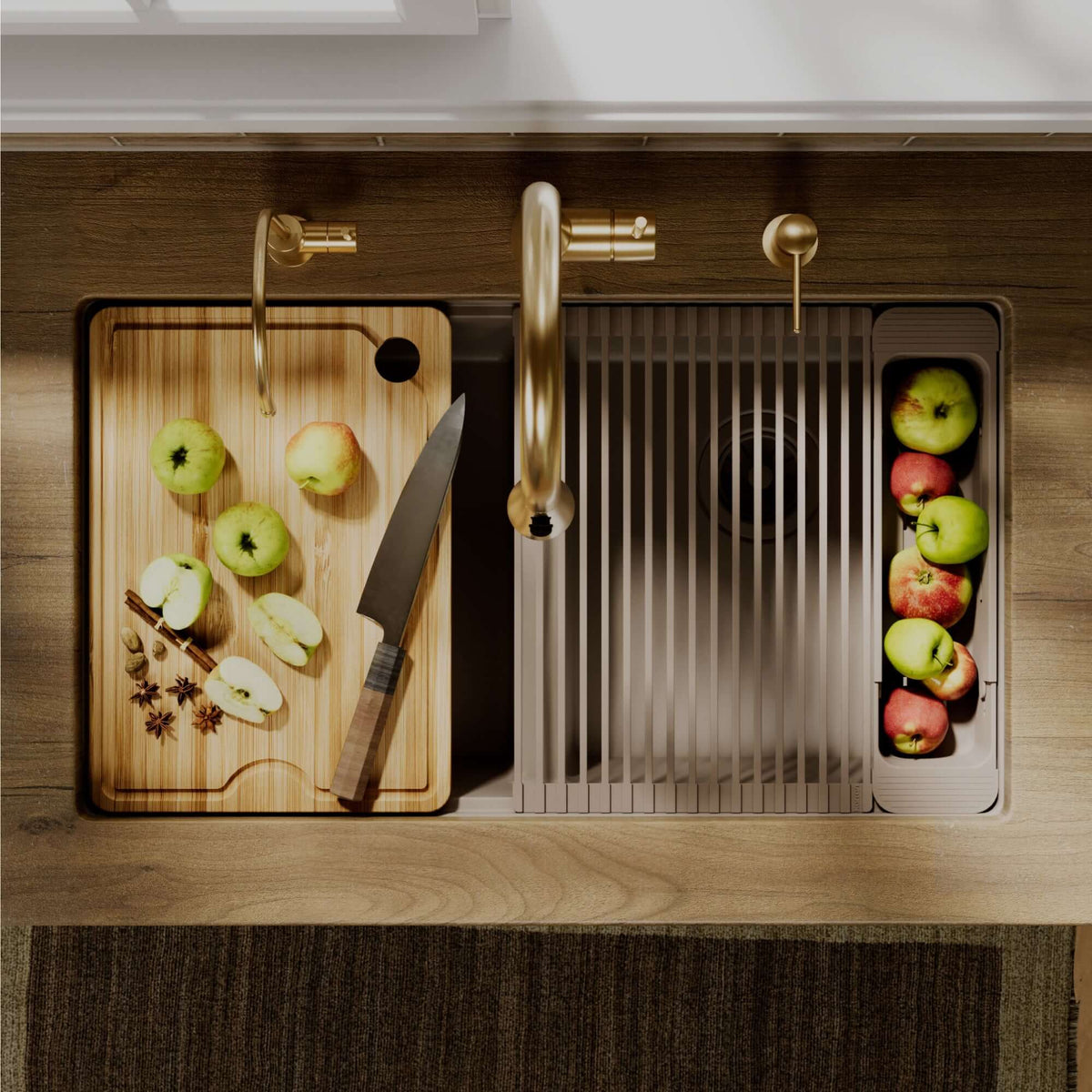 Karran 32 quartz composite workstation kitchen sink 50/50 double bowl concrete lifestyle image