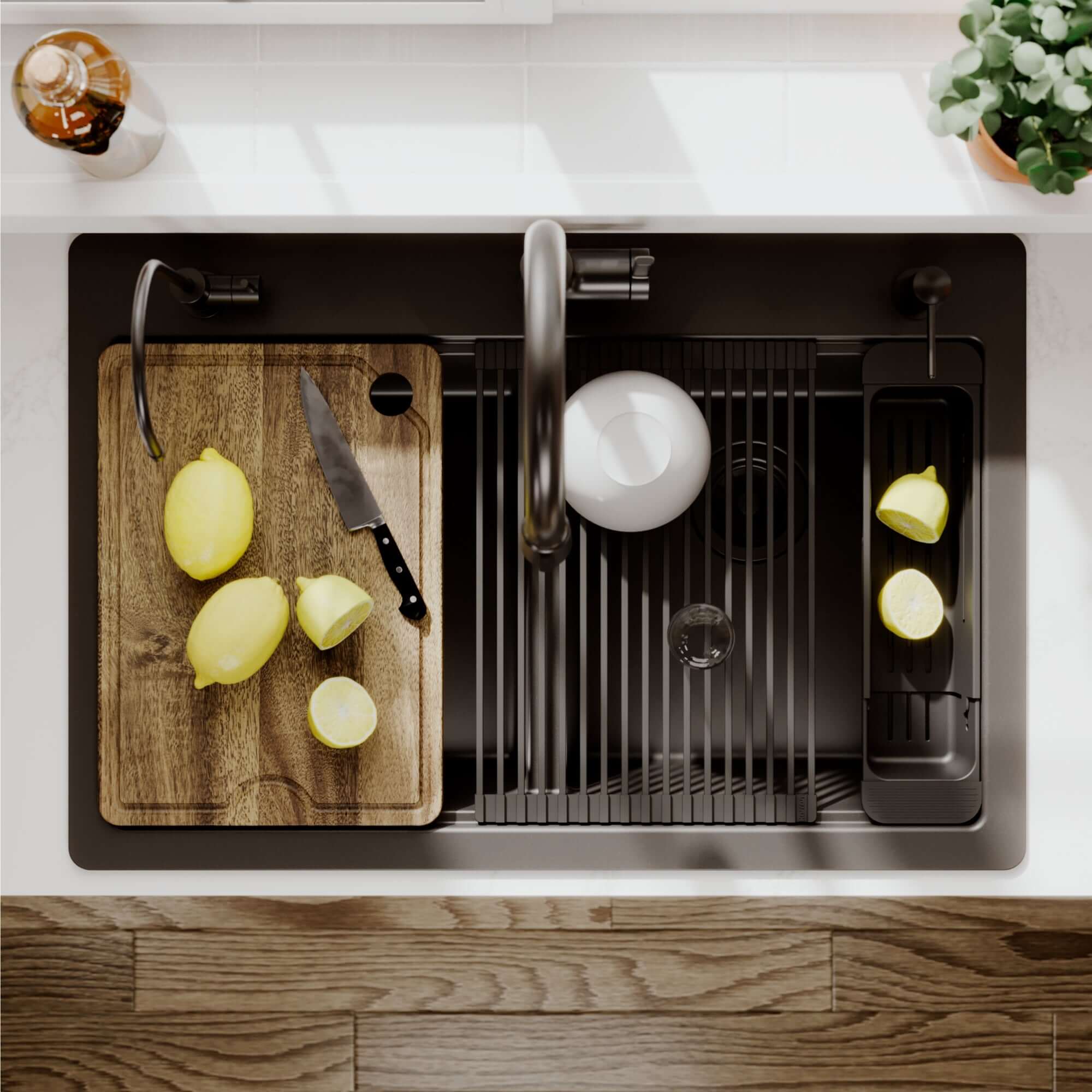 Karran 33 quartz composite workstation kitchen sink 50/50 double bowl black lifestyle image