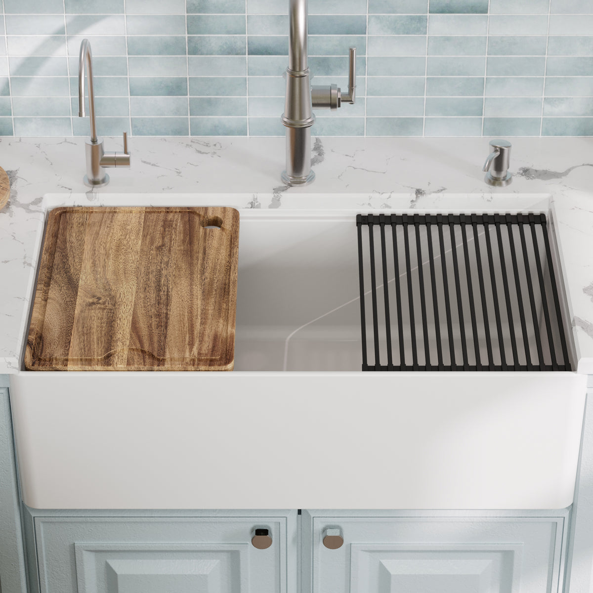Alternative View of Karran Fireclay 33" Fireclay Workstation Farmhouse Sink with Accessories, White, FCWSD33SBWH-PK1