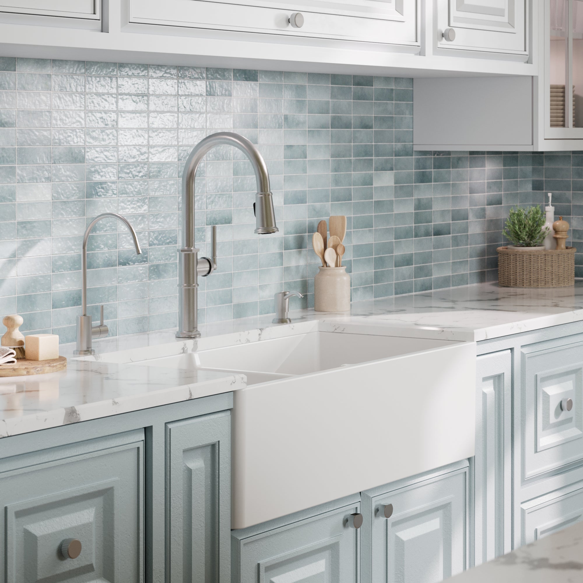 Alternative View of Karran Fireclay 33" Fireclay Farmhouse Sink with Accessories, 60/40 Double Bowl, White, FCP33DBWH
