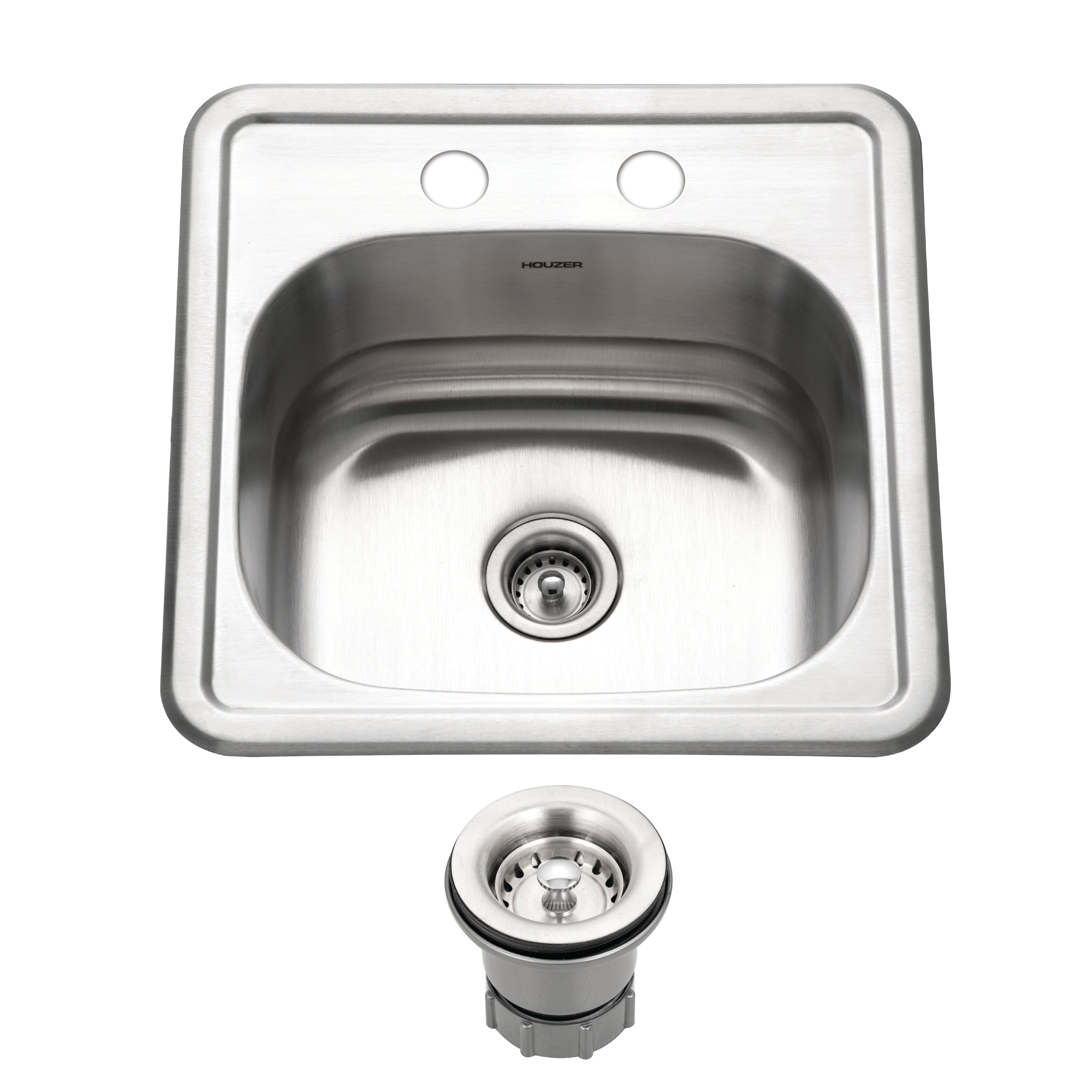 Houzer Hospitality 15" Stainless Steel Drop-in Topmount 2-hole Single Bowl Bar Sink with Strainer - 23 Gauge, 1515-6BS-C