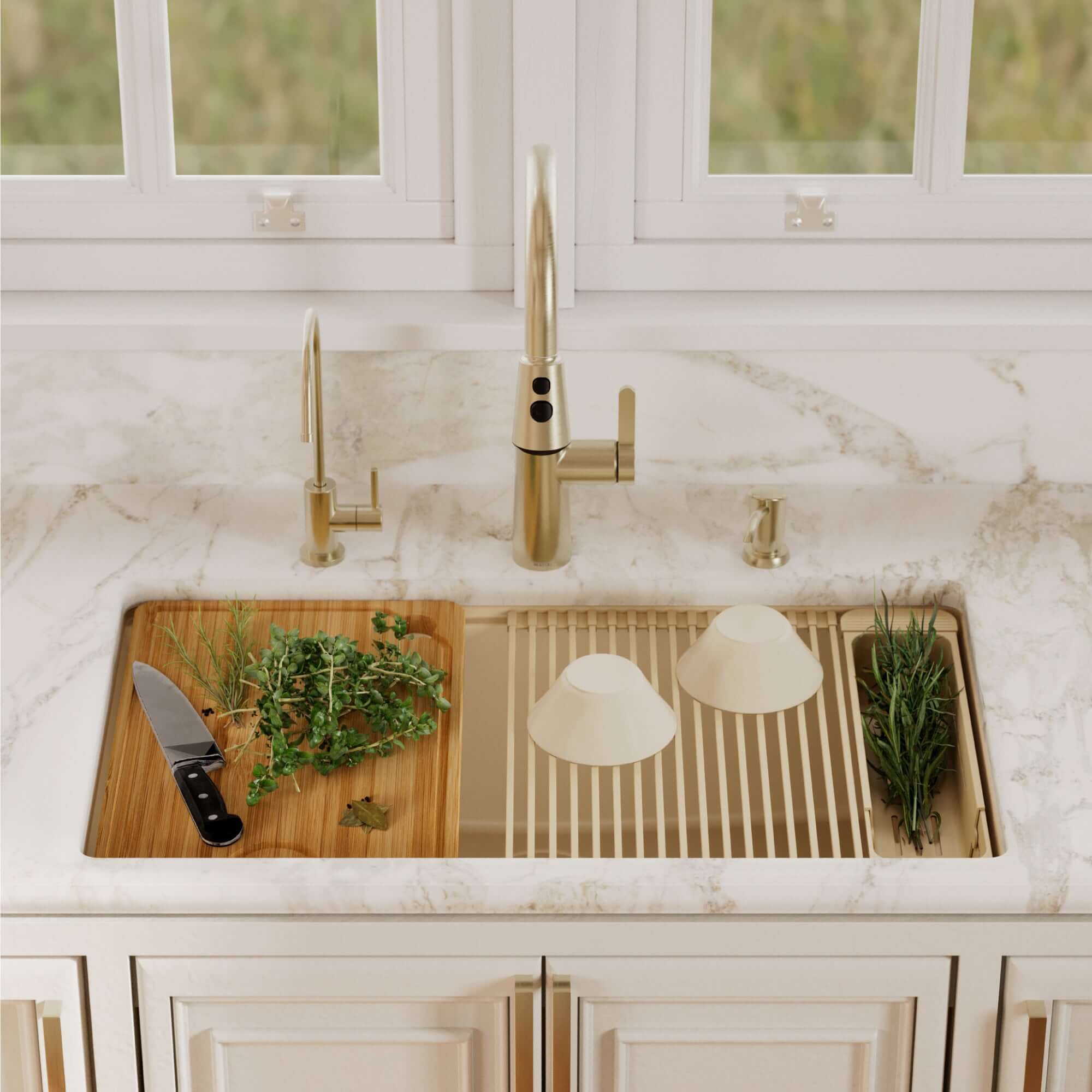 Karran 32 quartz composite workstation kitchen sink bisque lifestyle image