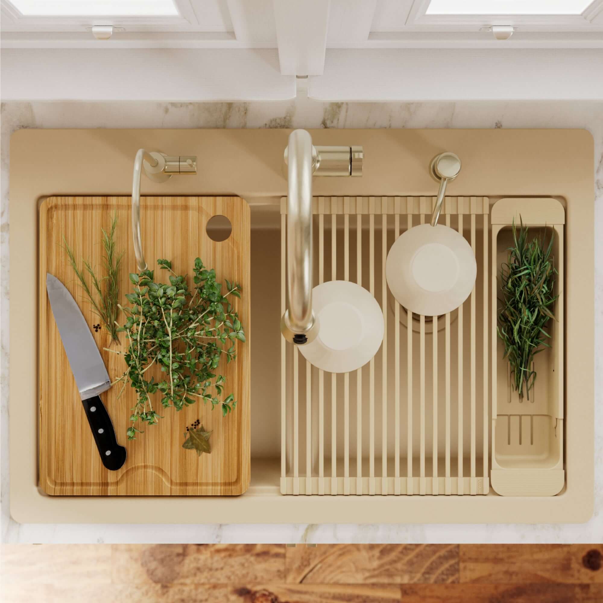 Karran 33 quartz composite workstation kitchen sink 50/50 double bowl bisque lifestyle image