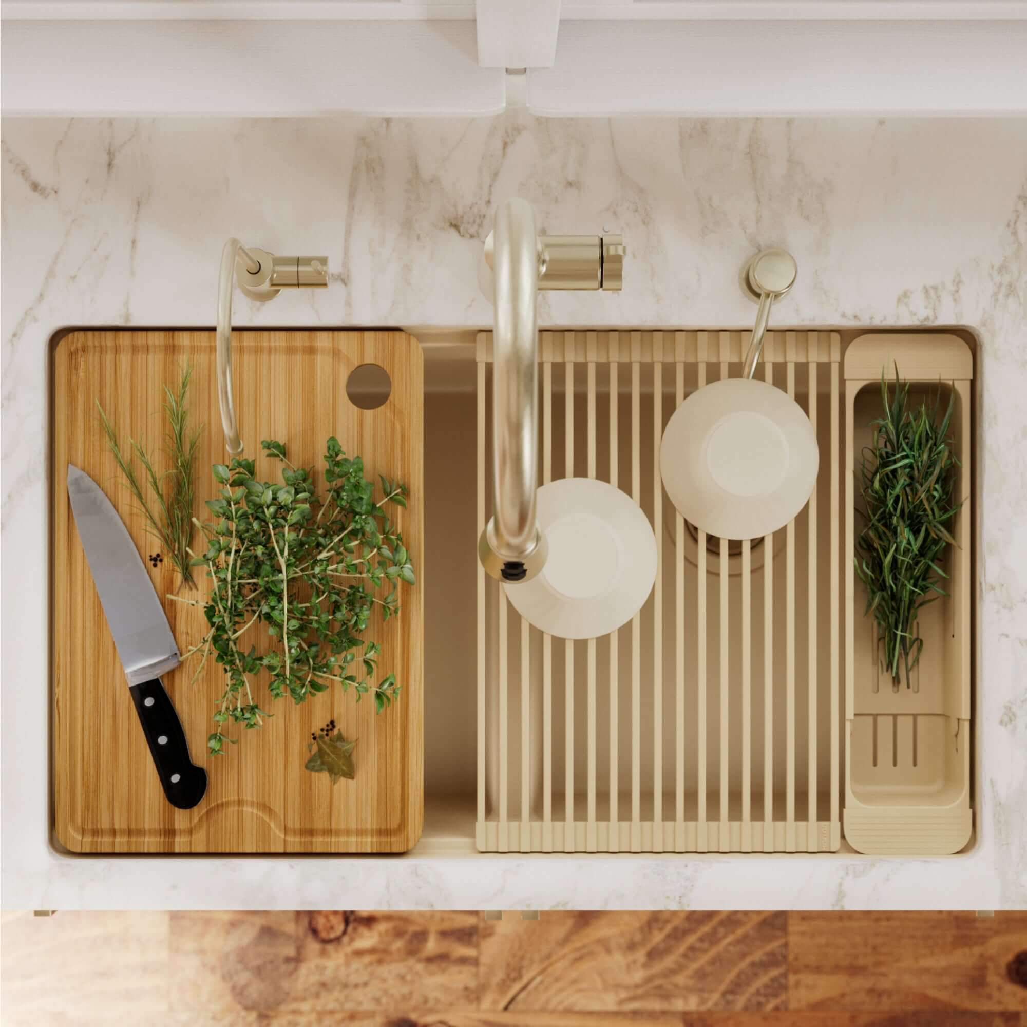 Karran 32 quartz composite workstation kitchen sink 50/50 double bowl bisque lifestyle image