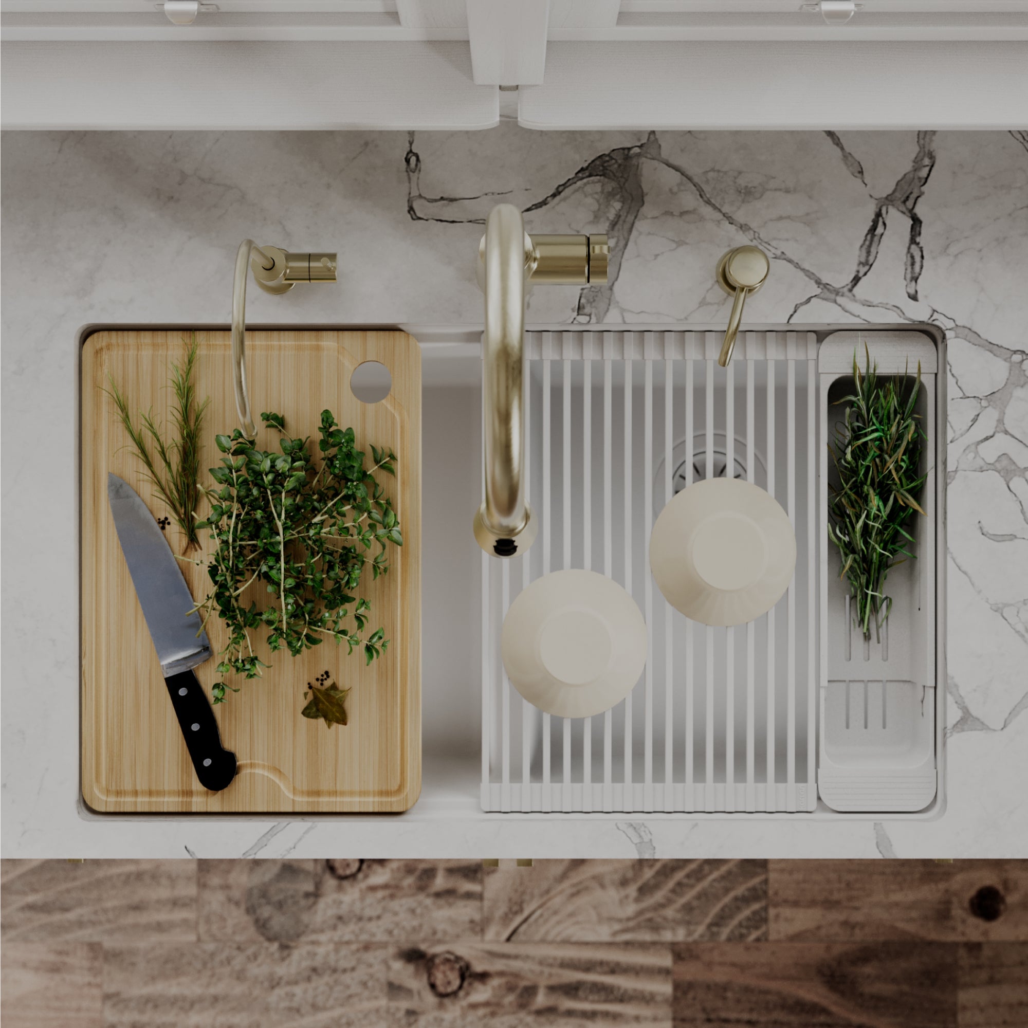 Karran 32 quartz composite workstation kitchen sink 50/50 double bowl white lifestyle image