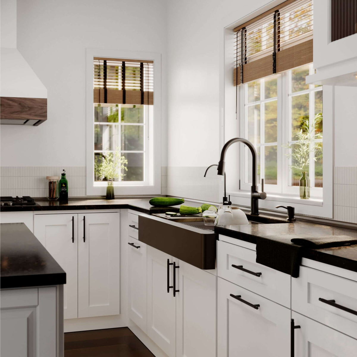 Karran 34 quartz composite retrofit workstation farmhouse sink brown lifestyle image