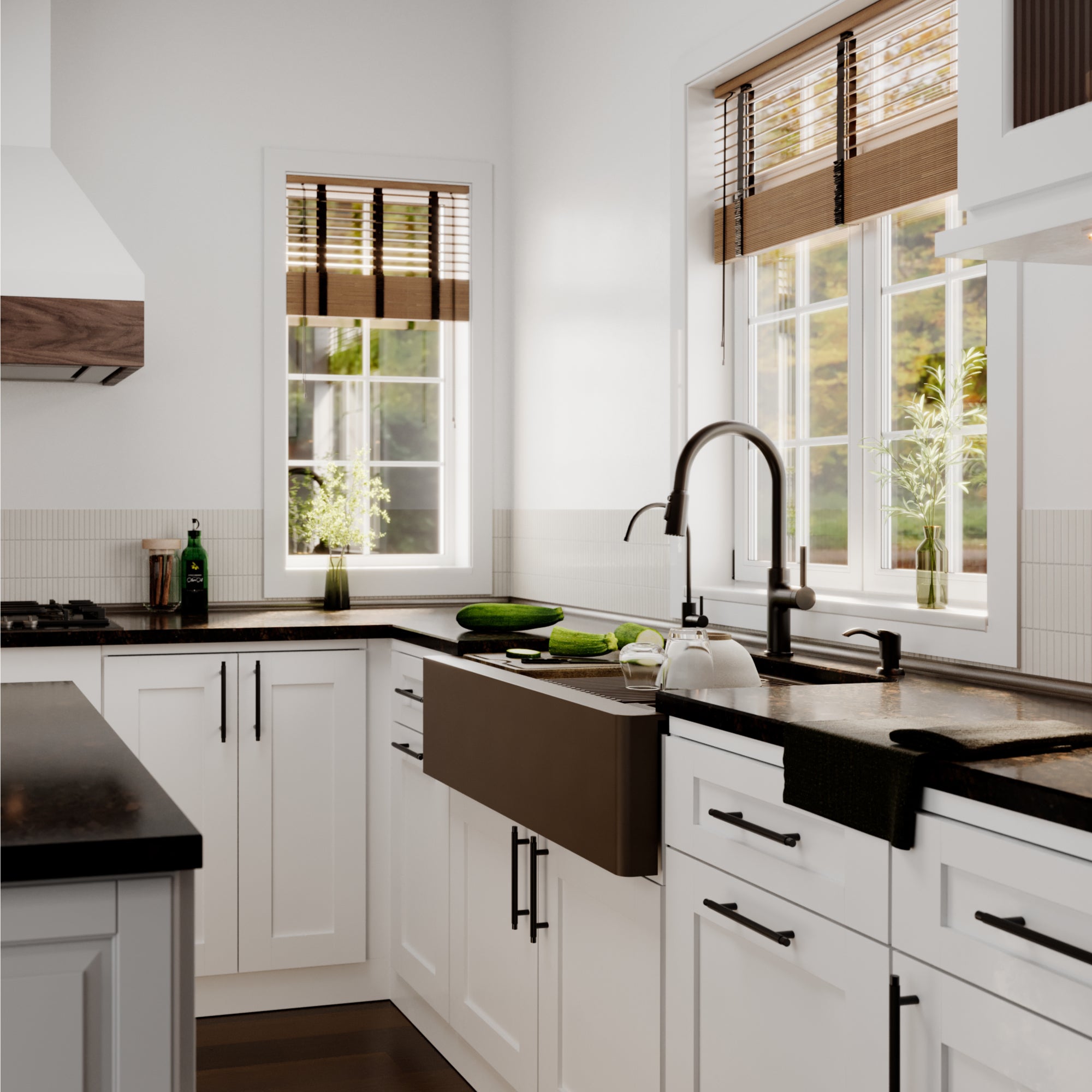 Karran 34 quartz composite workstation farmhouse sink brown lifestyle image