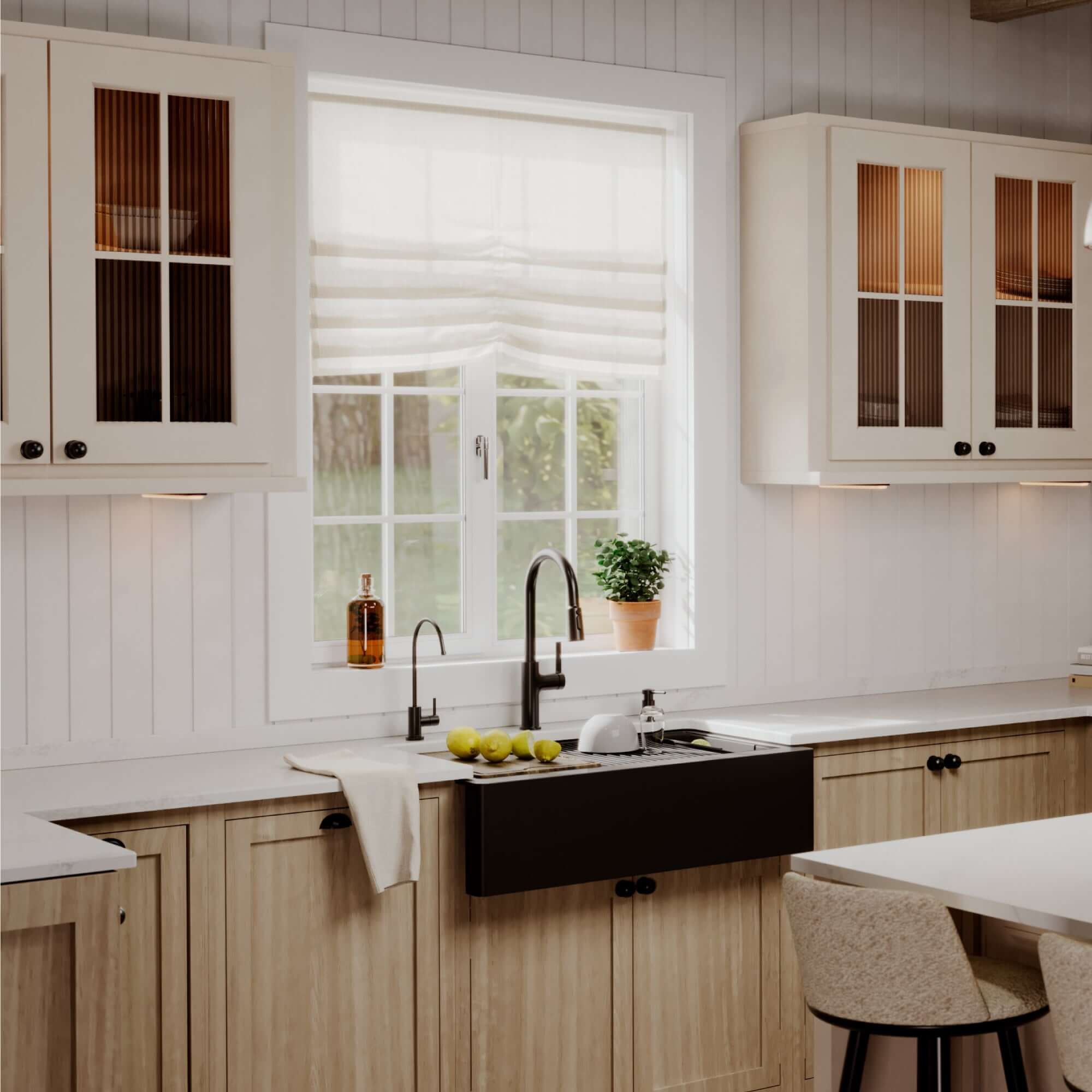 Karran 34 quartz composite workstation farmhouse sink black lifestyle image