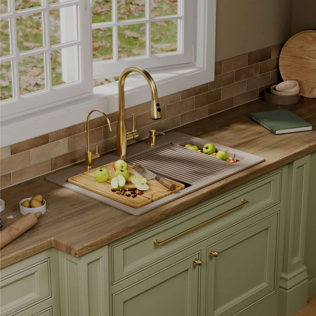 Karran 33 quartz composite workstation kitchen sink 50/50 double bowl concrete lifestyle image