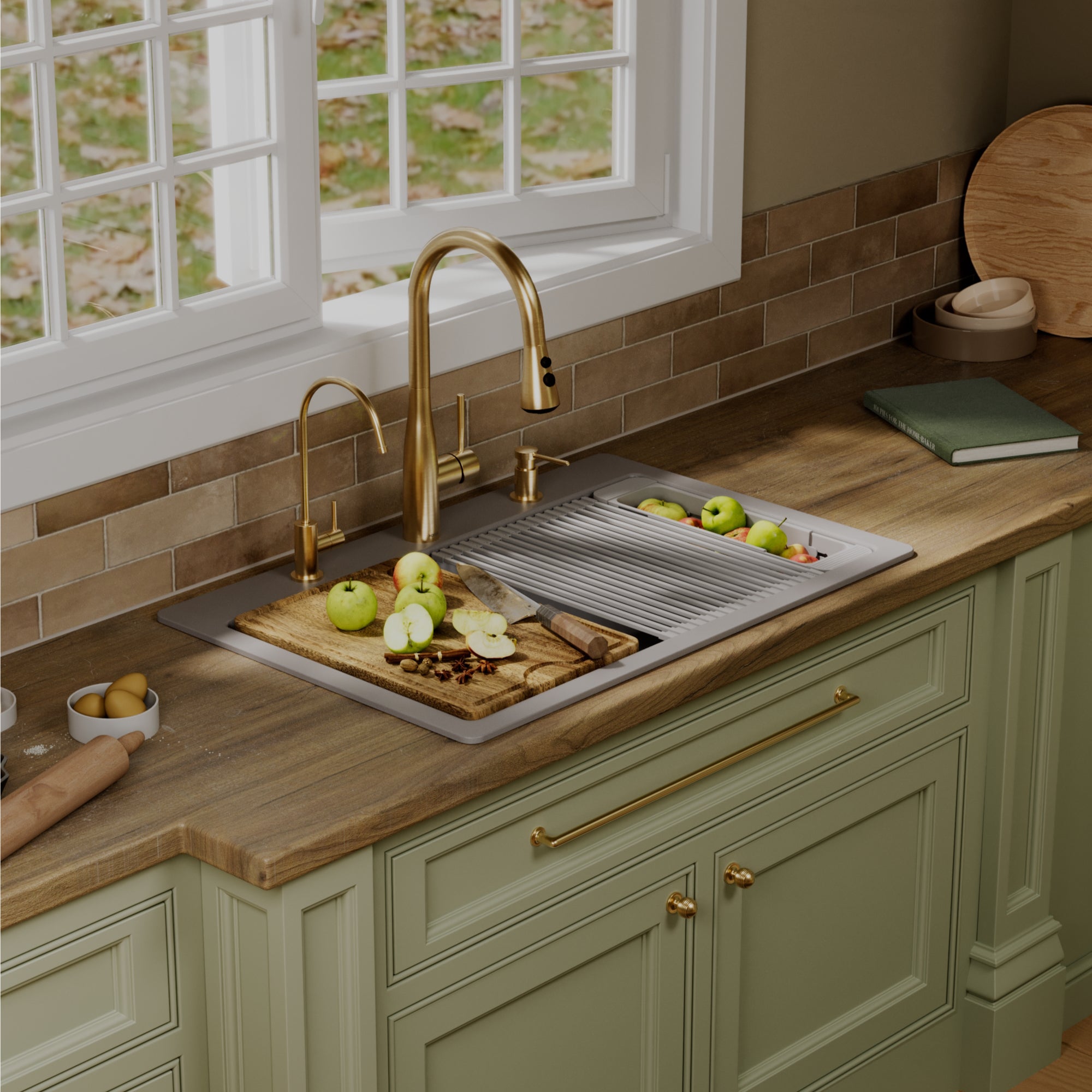 Karran 33 quartz composite workstation kitchen sink 50/50 double bowl grey lifestyle image