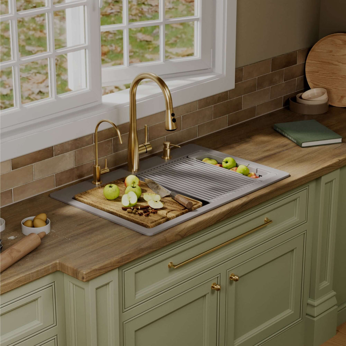 Karran 33 quartz composite workstation kitchen sink 50/50 double bowl grey lifestyle image