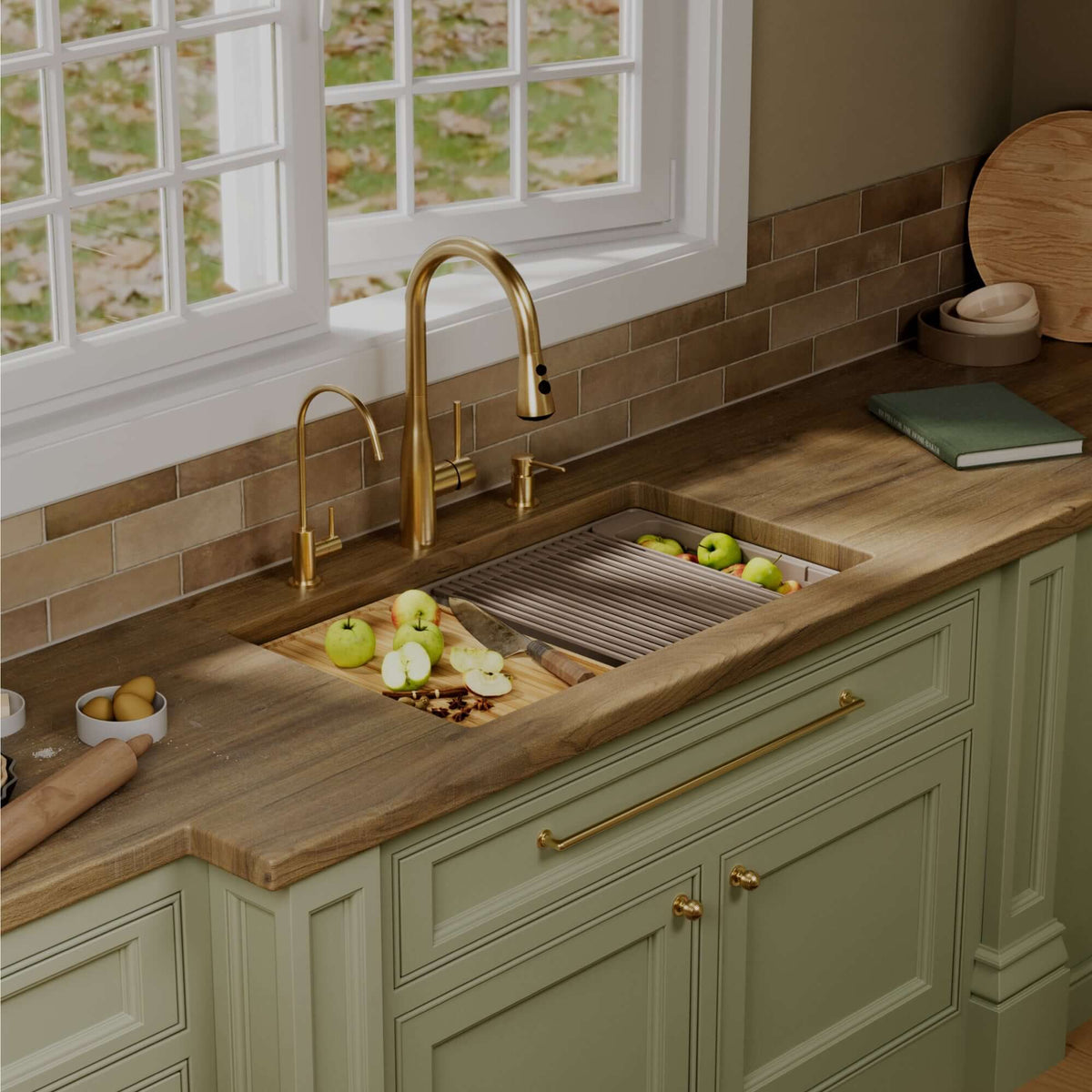 Karran 32 quartz composite workstation kitchen sink 50/50 double bowl concrete lifestyle image
