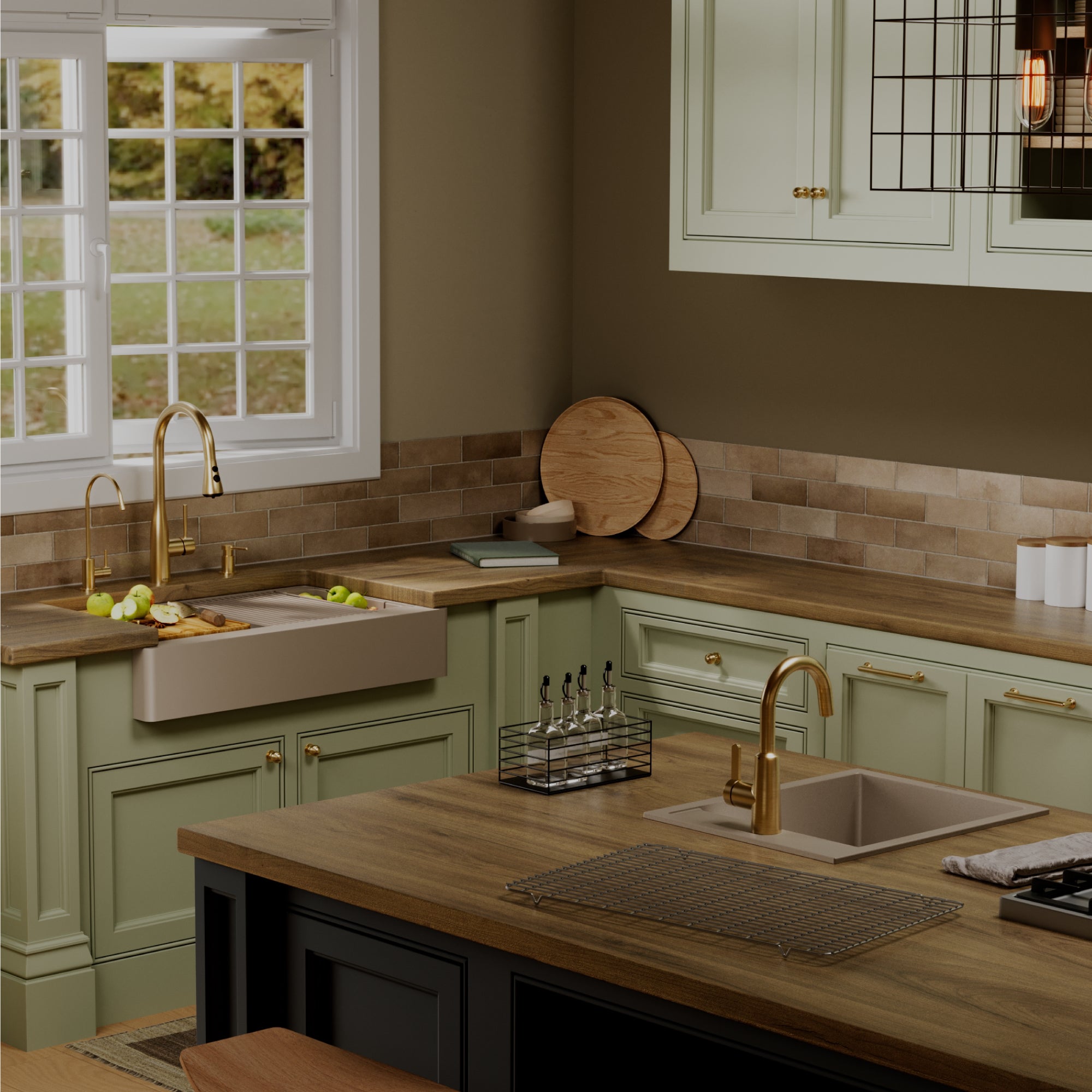 Karran 34 quartz composite retrofit workstation farmhouse sink concrete lifestyle image