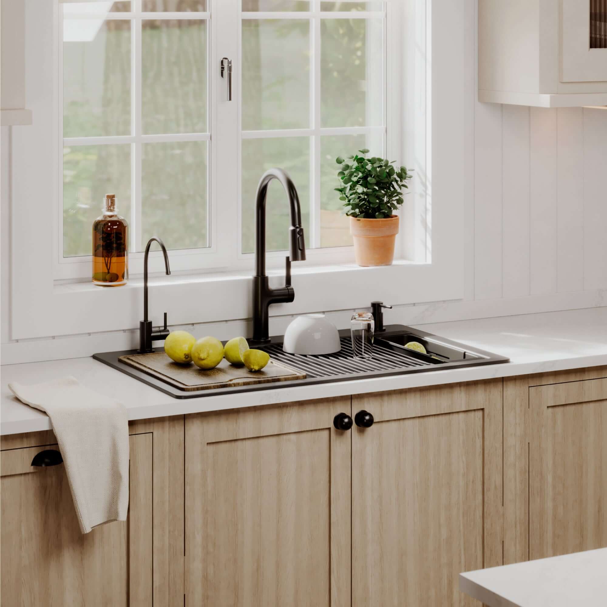 Karran 33 quartz composite workstation kitchen sink 50/50 double bowl black lifestyle image