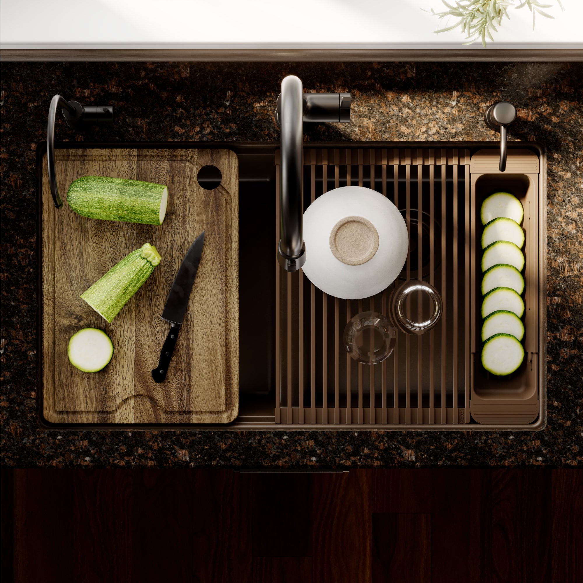 Karran 32 quartz composite workstation kitchen sink 50/50 double bowl brown lifestyle image