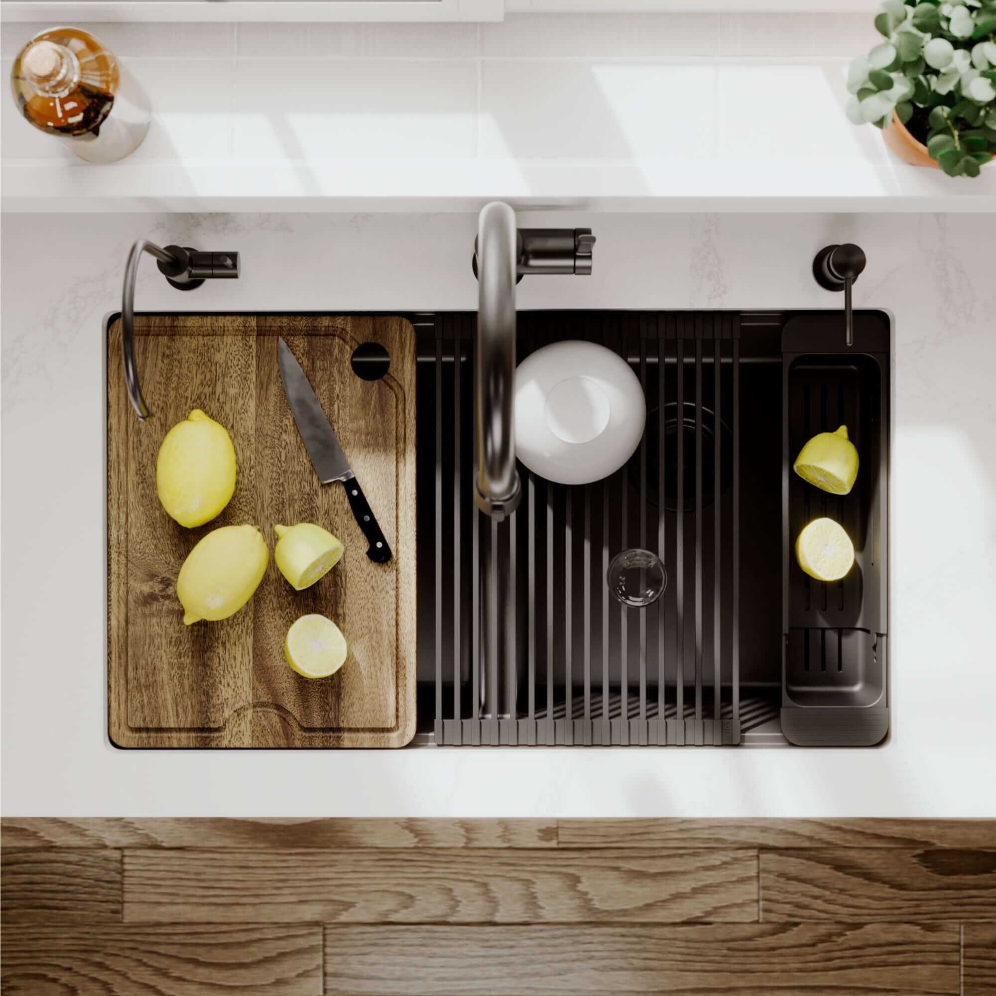 Karran 32 quartz composite workstation kitchen sink 50/50 double bowl black lifestyle image