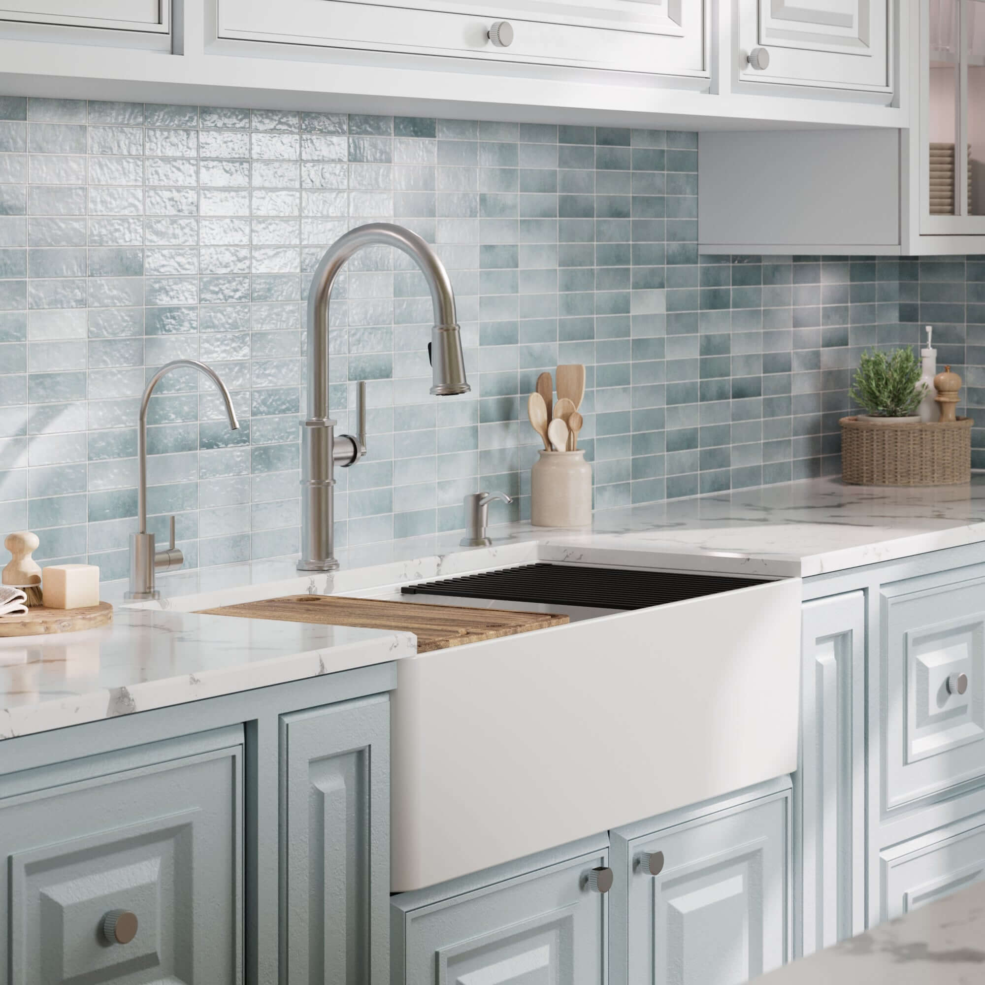 Alternative View of Karran Fireclay 33" Fireclay Workstation Farmhouse Sink with Accessories, 60/40 Double Bowl, White, FCWSF33DBWH-PK1