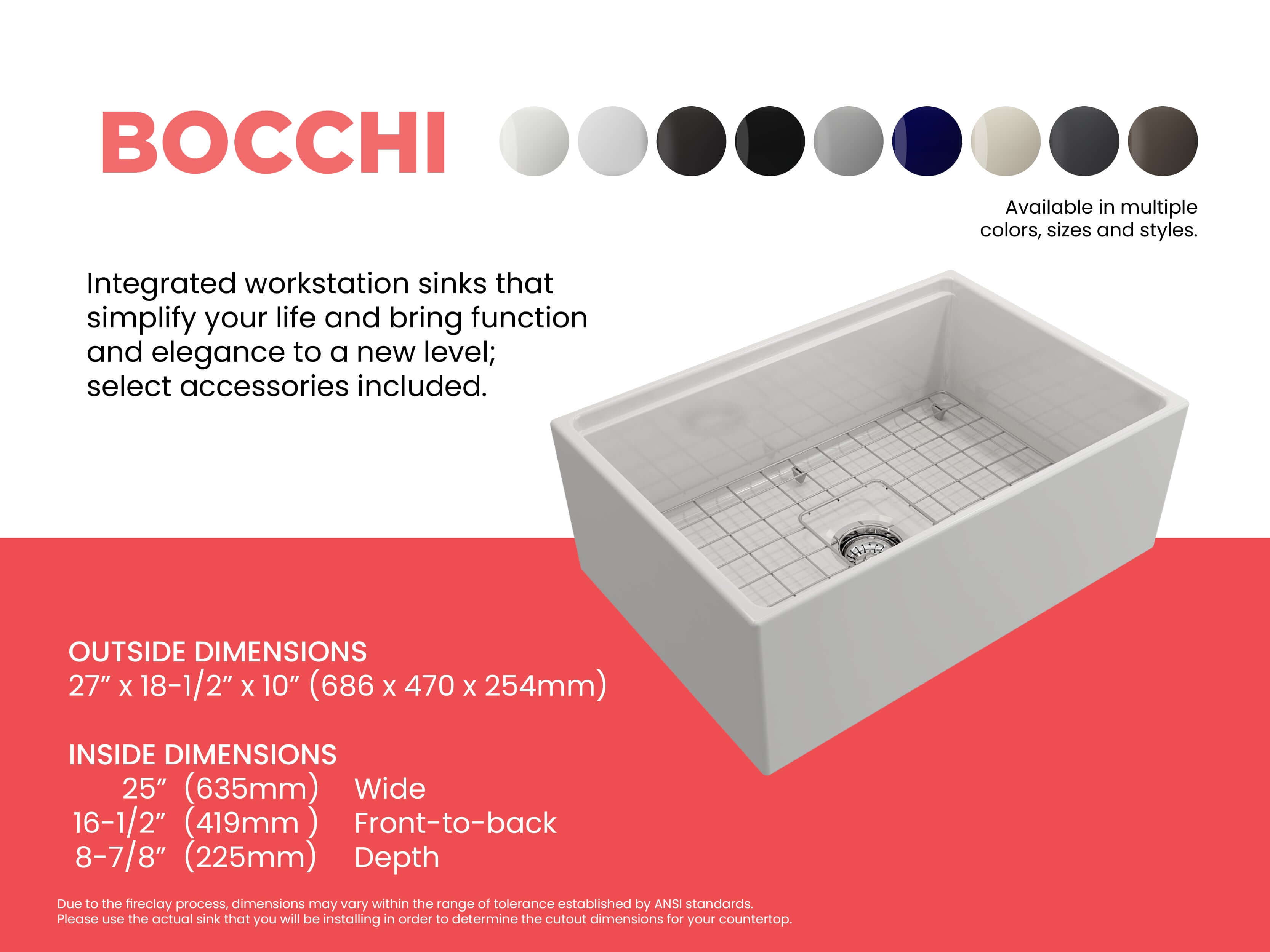BOCCHI Contempo 27" Fireclay Workstation Farmhouse Sink Kit with Accessories, White, 1628-001-0120