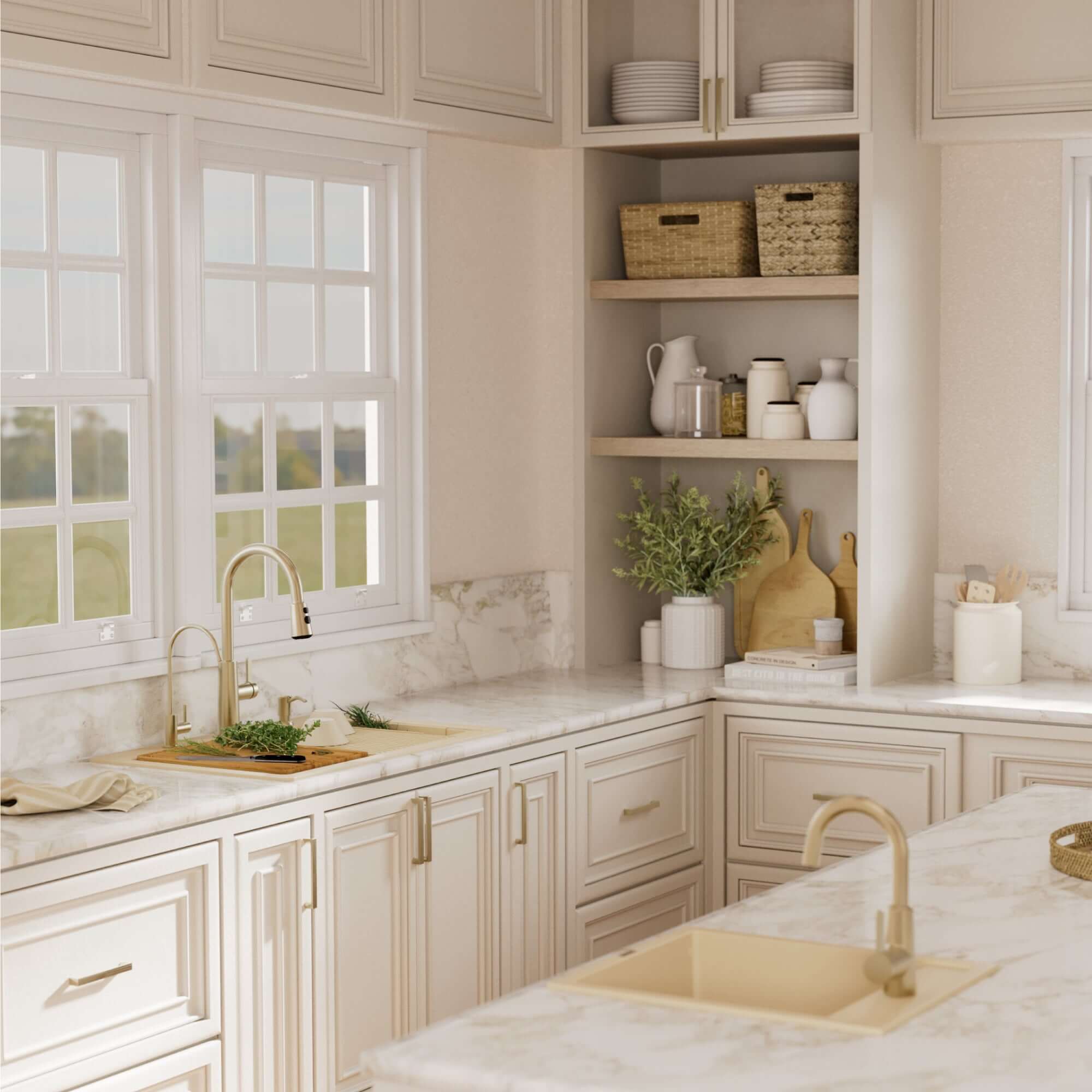 Karran 33 quartz composite workstation kitchen sink 50/50 double bowl bisque lifestyle image
