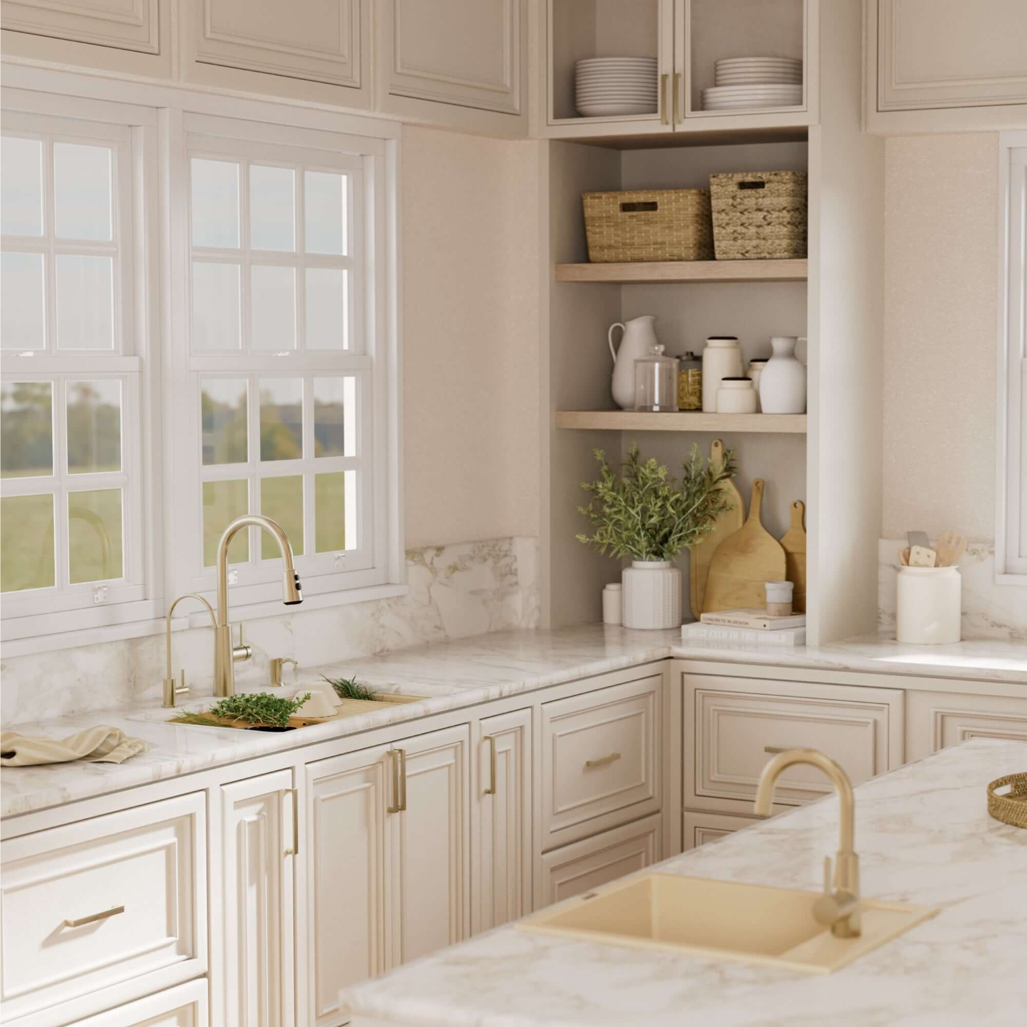 Karran 32 quartz composite workstation kitchen sink 50/50 double bowl bisque lifestyle image